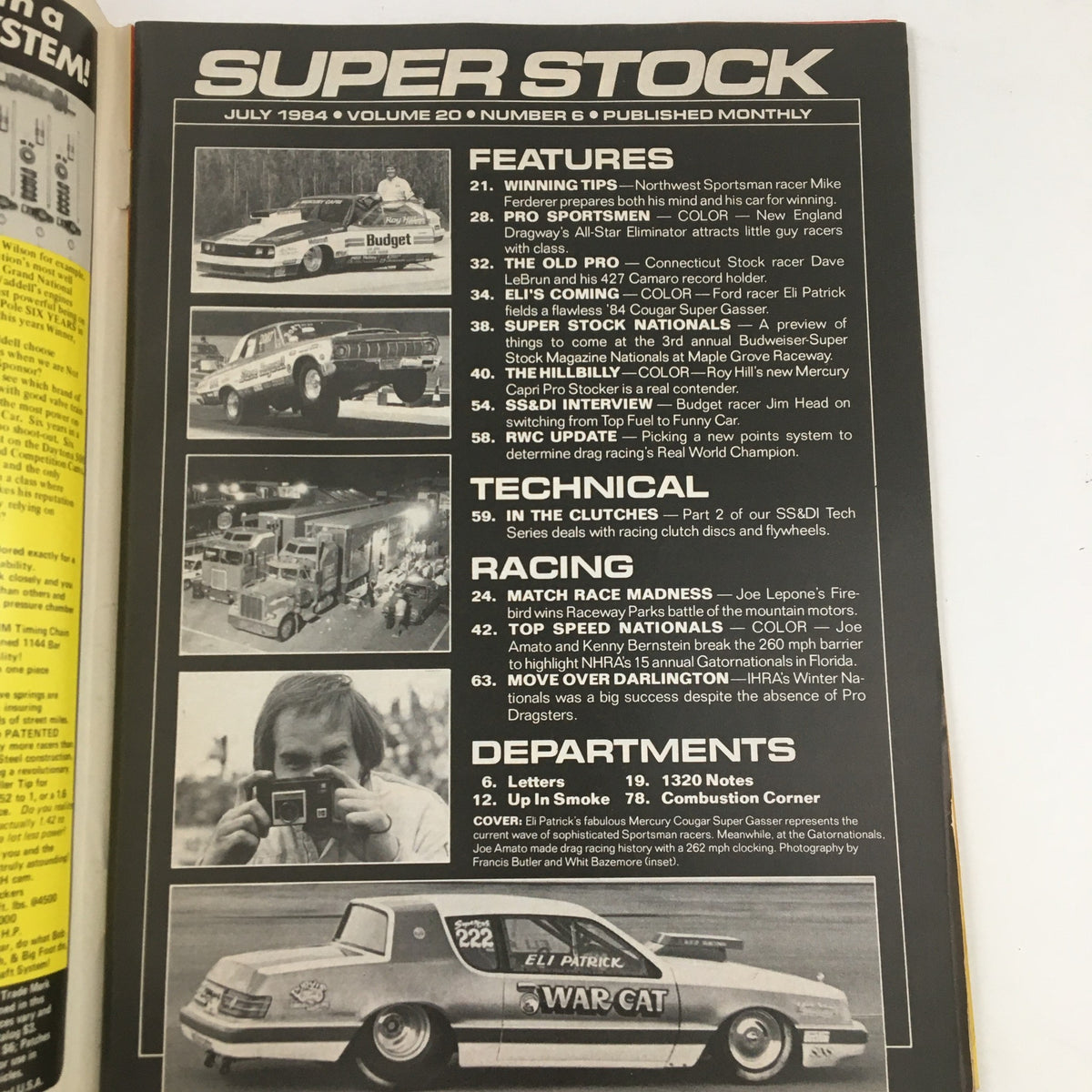 Inside page of Super Stock Magazine July 1984 displaying features such as Eli Patrick's performance profile and technical articles, reflecting the rich history of auto racing and motorsports.