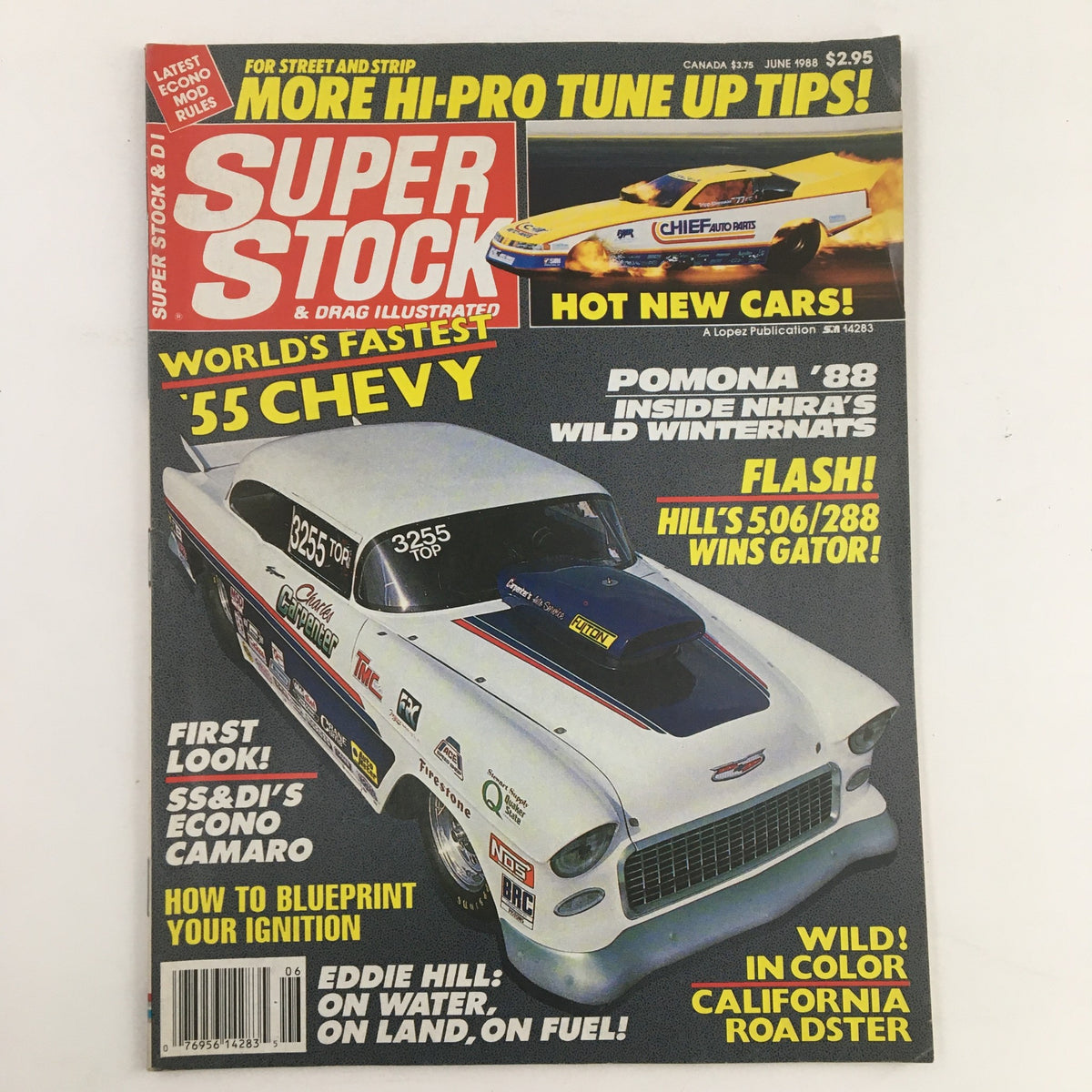 Cover of Super Stock Magazine June 1988 featuring Charles Carpenter's Fastest Chevy '55, showcasing the world's fastest Chevy with a sleek design and racing information.