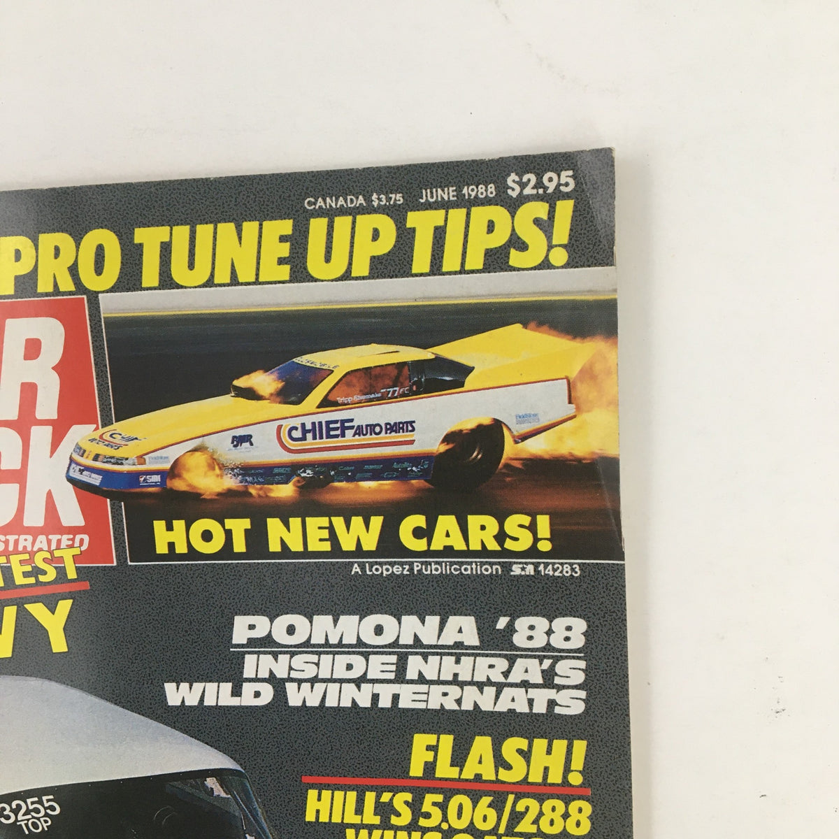 Close-up of the top portion of Super Stock Magazine June 1988, highlighting exciting content such as hot new cars and features on racing events.