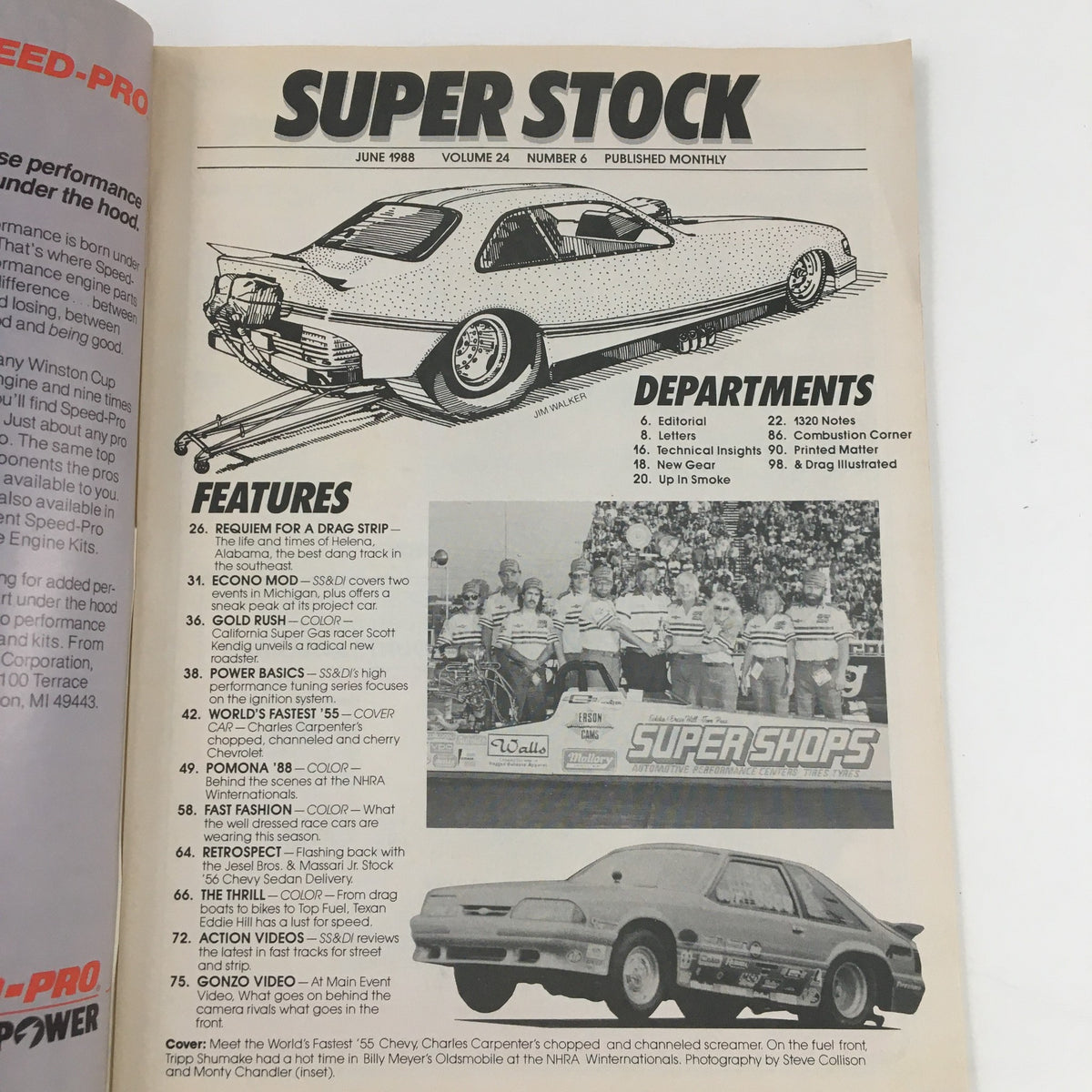 Interior page of Super Stock Magazine June 1988 showing the table of contents and featured articles, emphasizing its focus on performance and car culture.
