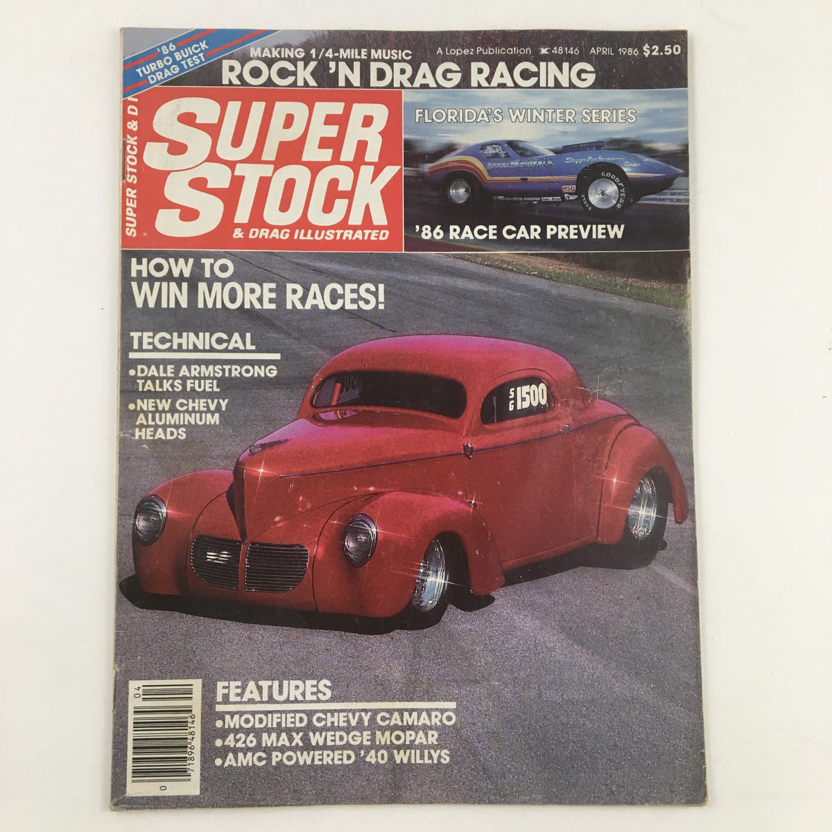 Cover of Super Stock Magazine April 1986 featuring Tom Goldman's Chopped 390 AMC 40 Willys, highlighting racing content and classic car features.