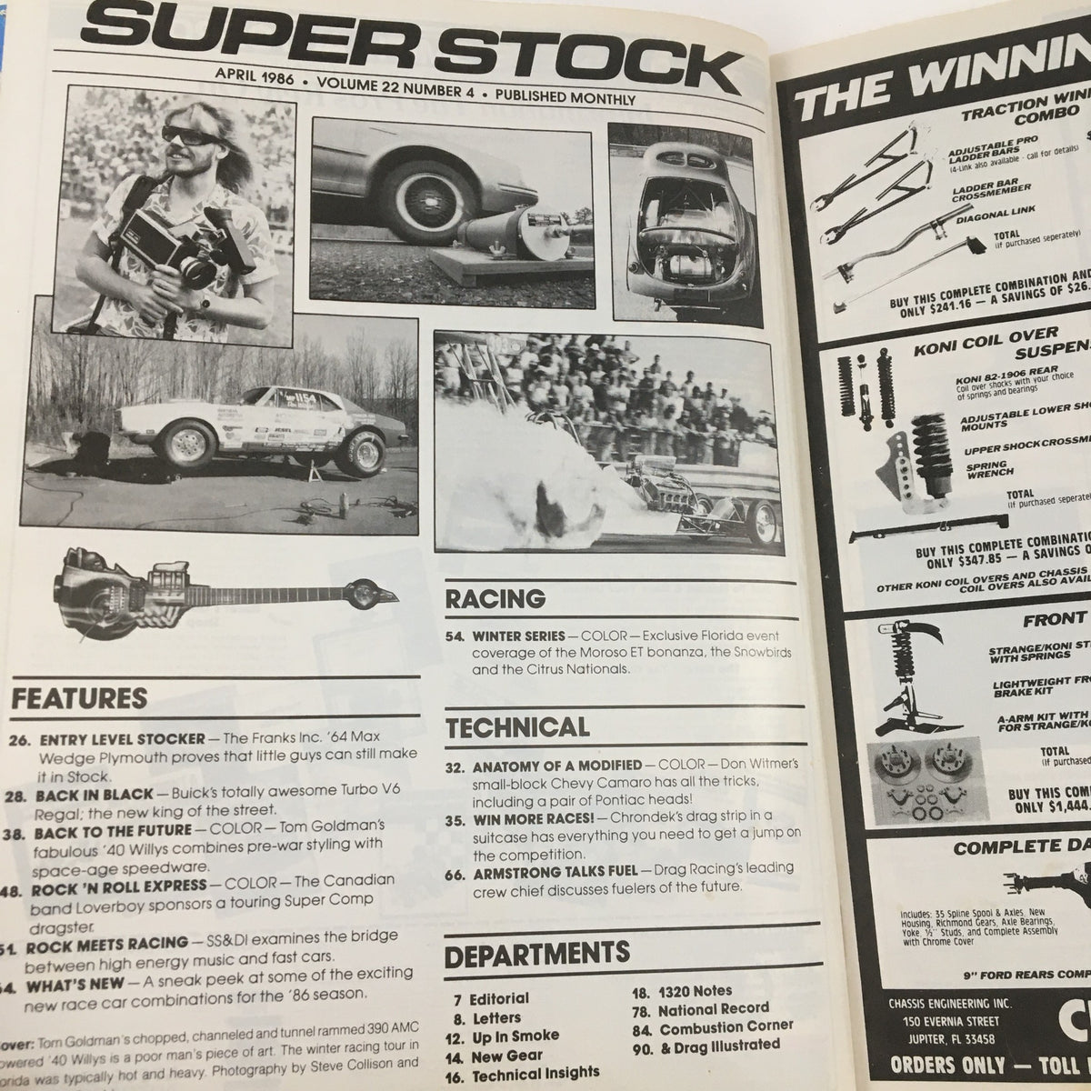 Interior spread of Super Stock Magazine April 1986 showcasing technical articles, features on classic cars, and racing events.