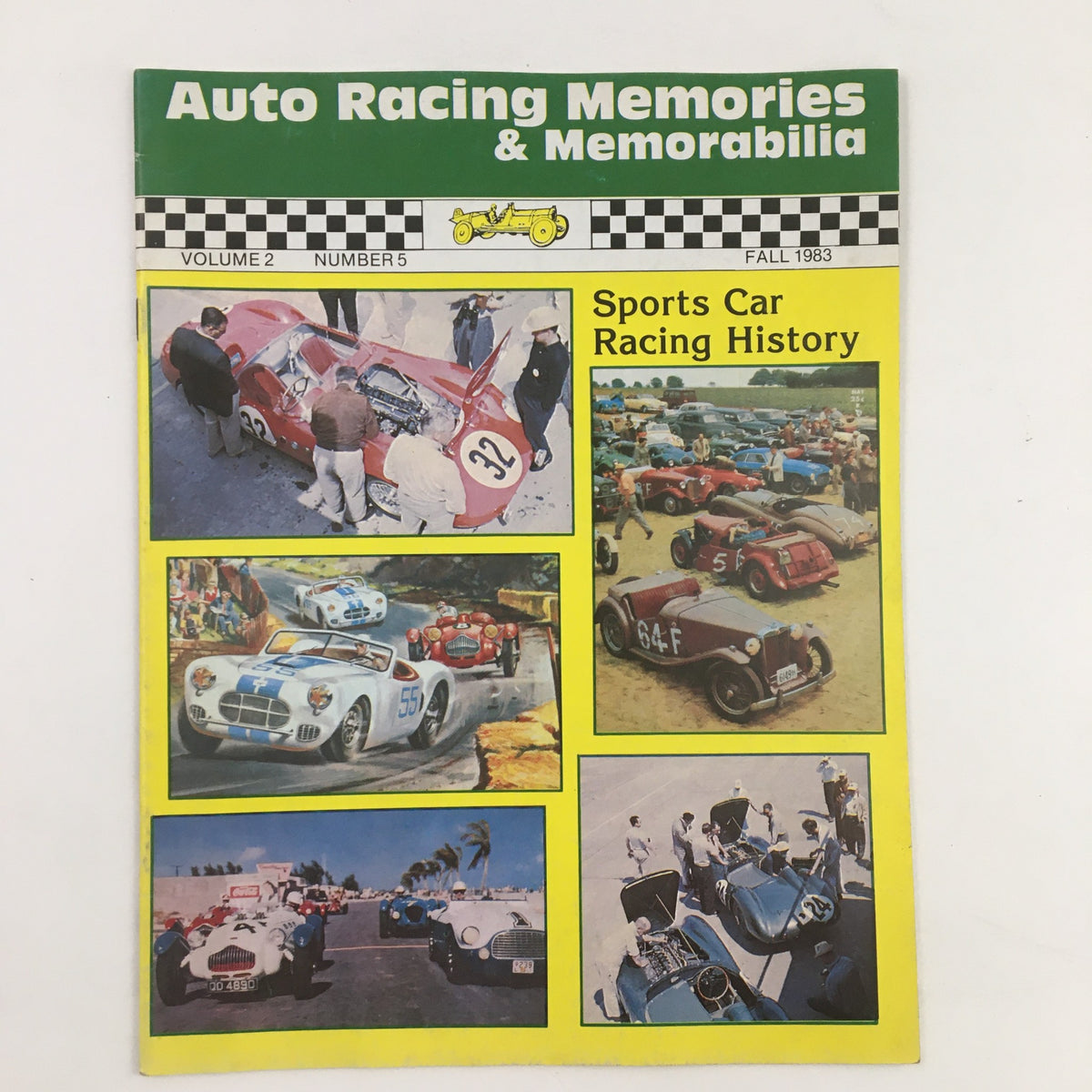 Cover of Auto Racing Memories & Memorabilia Fall 1983 showcasing sports car racing history with vibrant images of classic racing cars and enthusiasts.