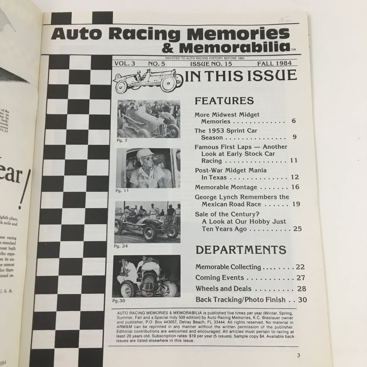Cover page of Auto Racing Memories & Memorabilia Fall 1984, featuring articles on Midwest midget racing, sprint car season, and notable historical moments in auto racing.