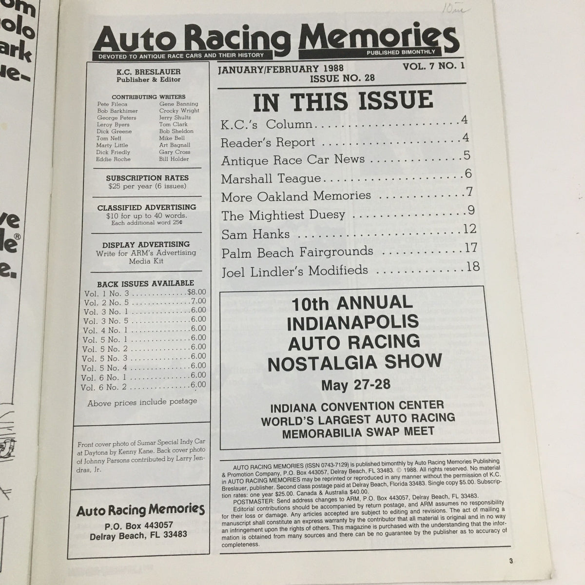 Interior page of 'Auto Racing Memories' January 1988 listing articles, including features on Sam Hanks and Oakland memories, showcasing the magazine's content and contributors.
