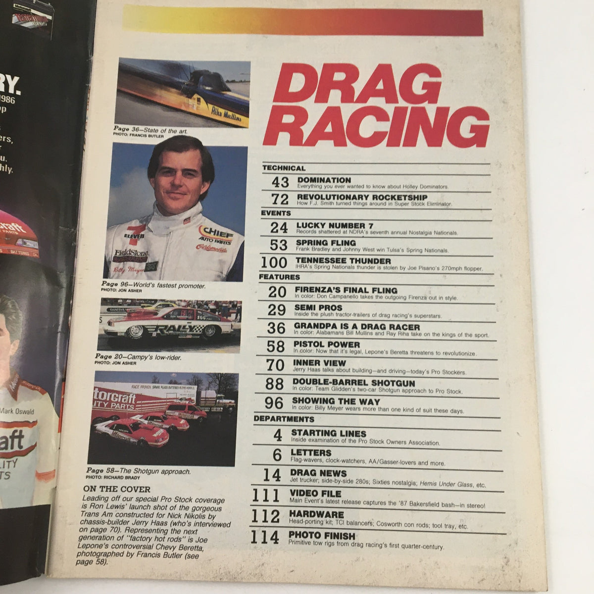 Inside page of Hot Rod Magazine, September 1987, displaying the contents section with articles on drag racing topics, including profiles of champions and event details.