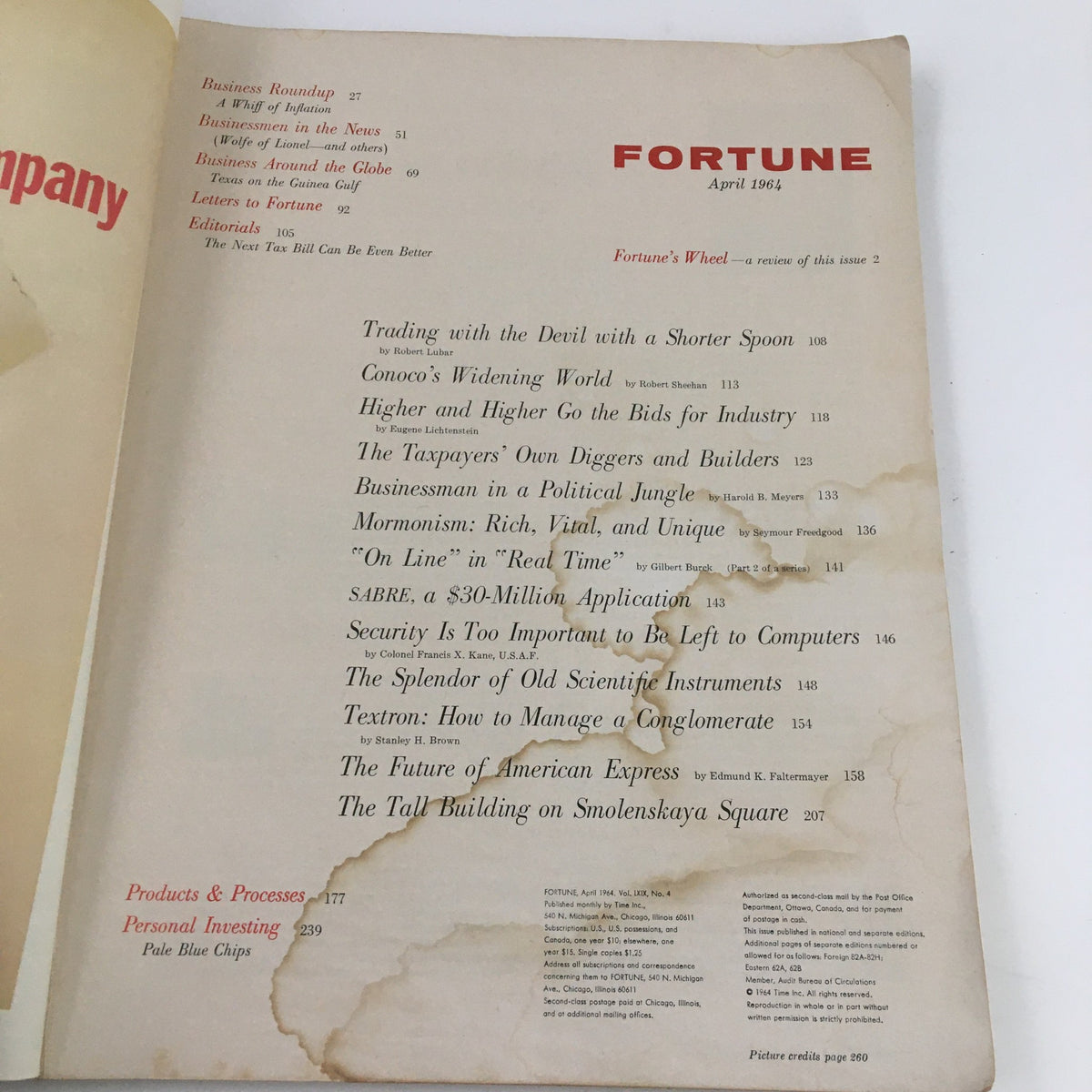 Table of contents page from Fortune Magazine April 1964, listing key articles including 'Conoco's Widening World'.