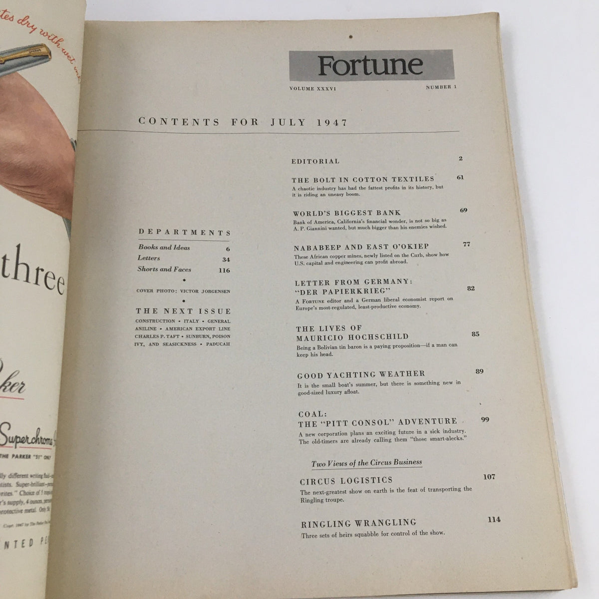Contents page of Fortune Magazine July 1947 Volume 36 Number 1 detailing featured articles and sections.