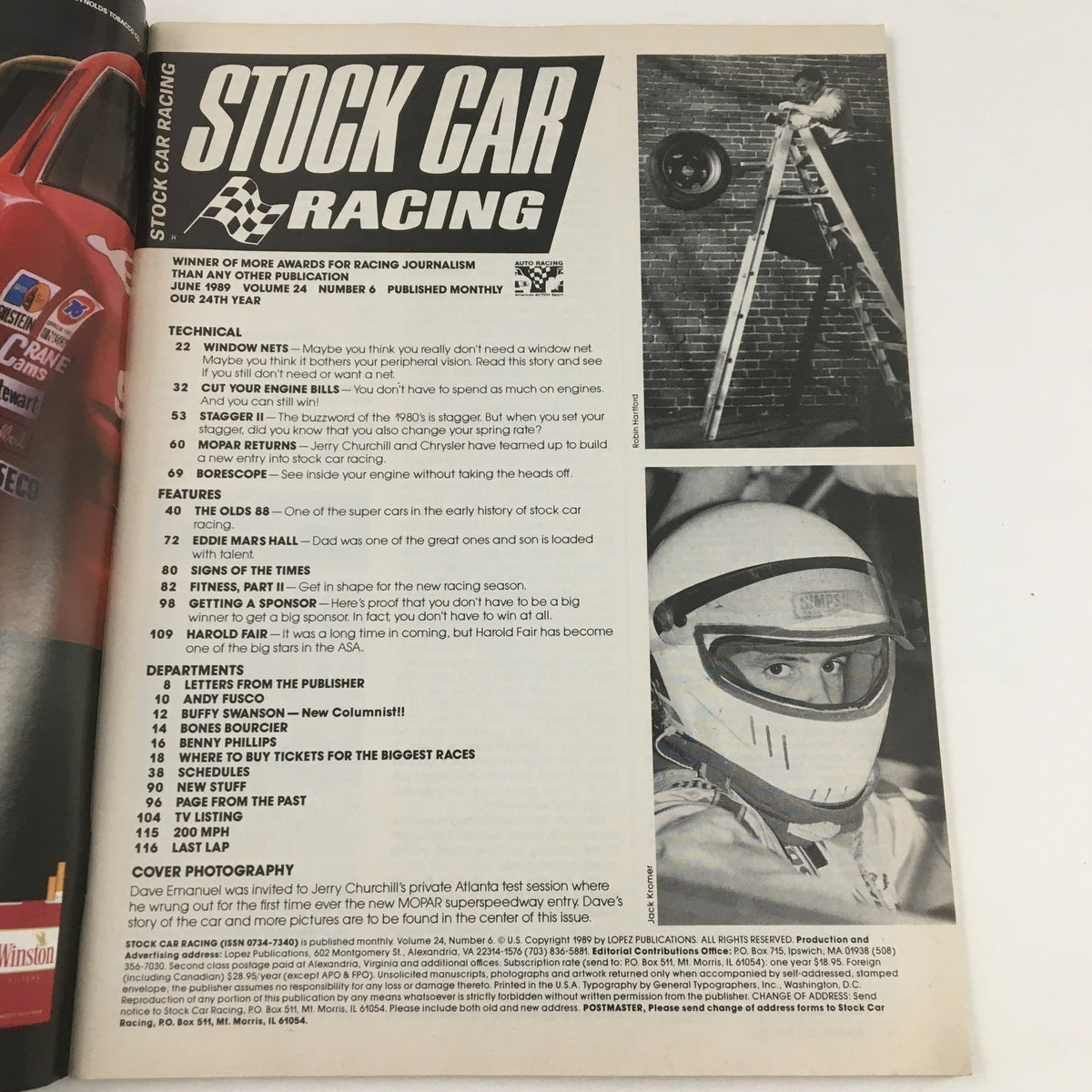 Inside page of Stock Car Racing Magazine June 1989, detailing articles about technical aspects of racing, historical features on early stock cars, and a glimpse of racing culture, showcasing the magazine's editorial structure.