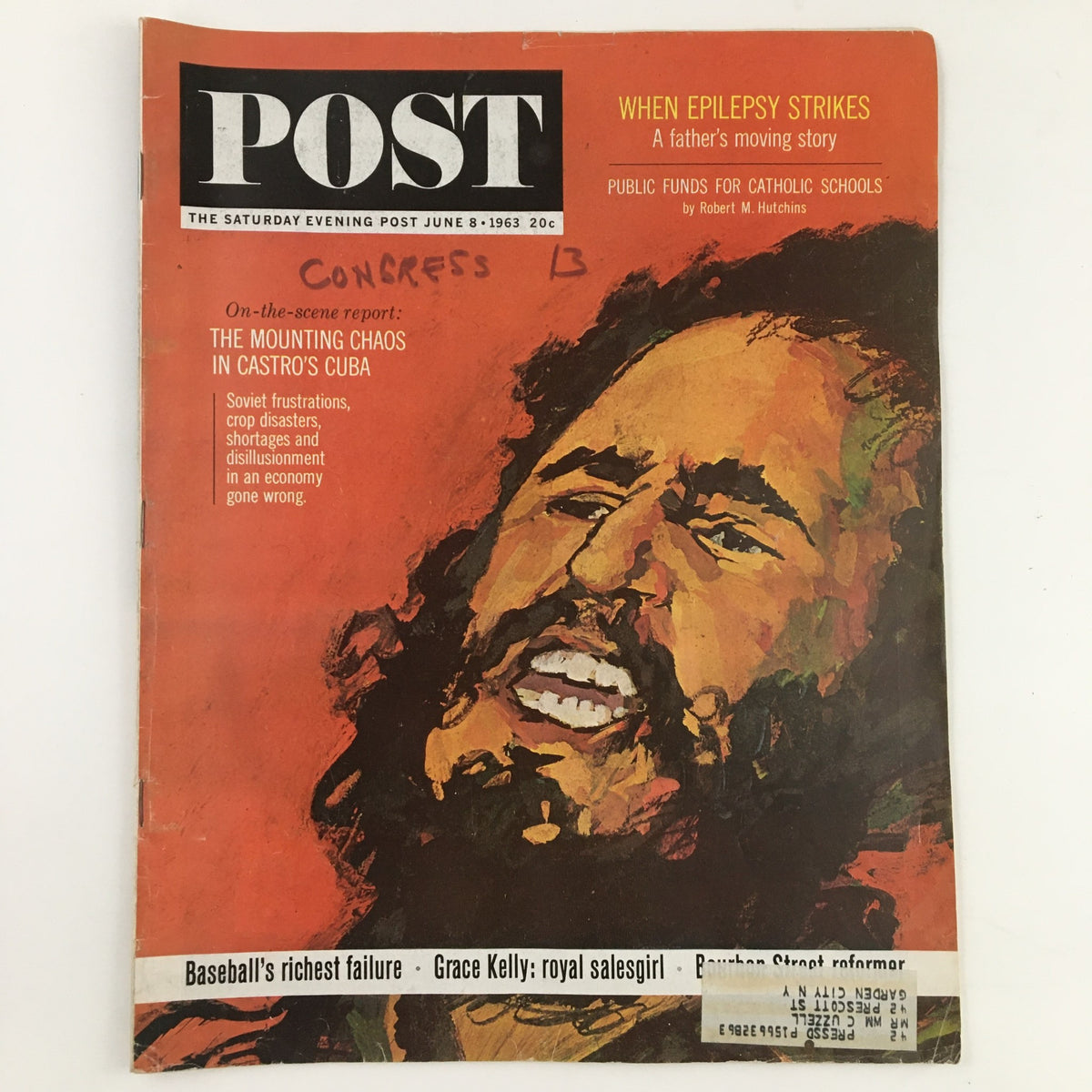 The Saturday Evening Post June 8, 1963 cover featuring artwork of Fidel Castro, highlighting the article on the escalating chaos in Castro's Cuba.
