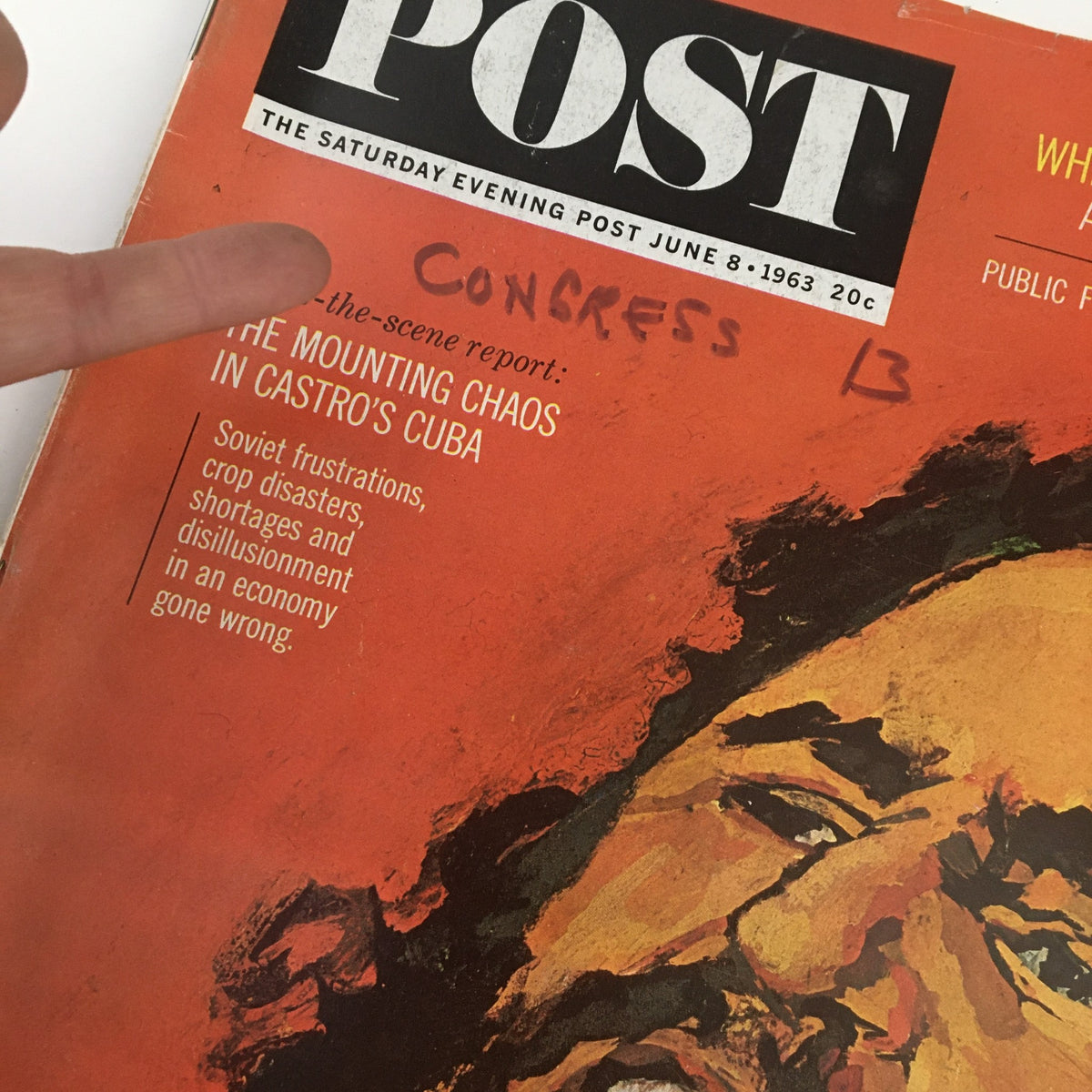Close-up of The Saturday Evening Post June 8, 1963 cover, emphasizing the title 'The Mounting Chaos in Castro's Cuba' and the prominent illustration of Fidel Castro.