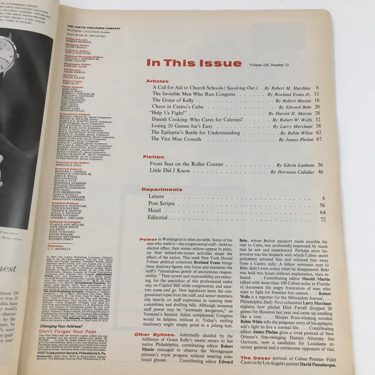 Interior page of The Saturday Evening Post June 8, 1963 displaying the table of contents, showcasing articles including 'Chaos in Castro's Cuba'.