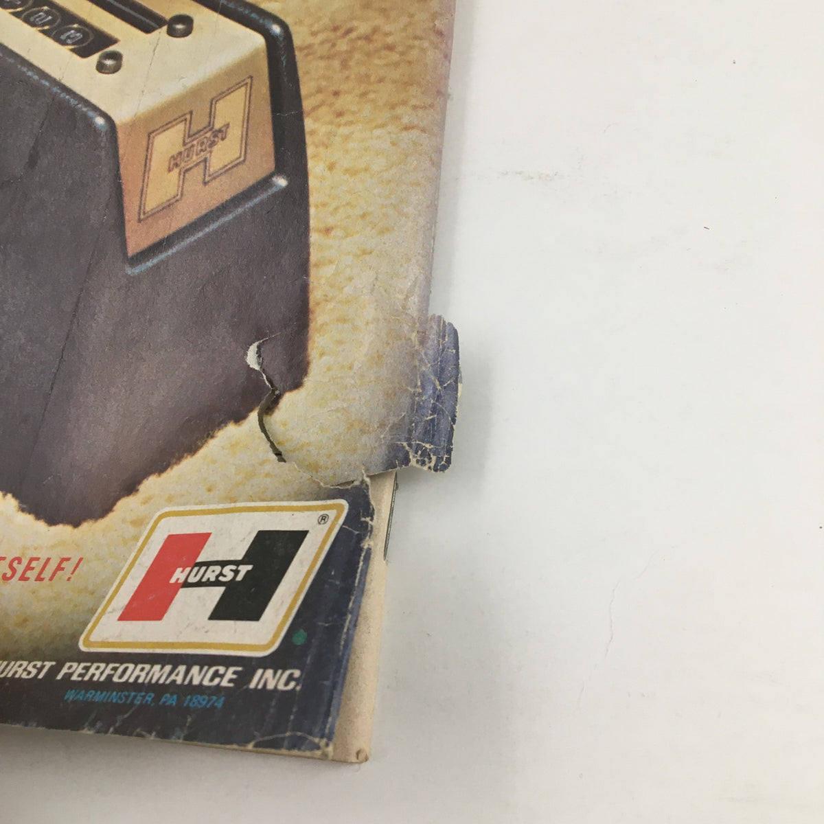 Super Stock Magazine May 1979 showing the corner detail of a magazine featuring Hurst Performance, highlighting wear and tear indicative of its vintage condition.