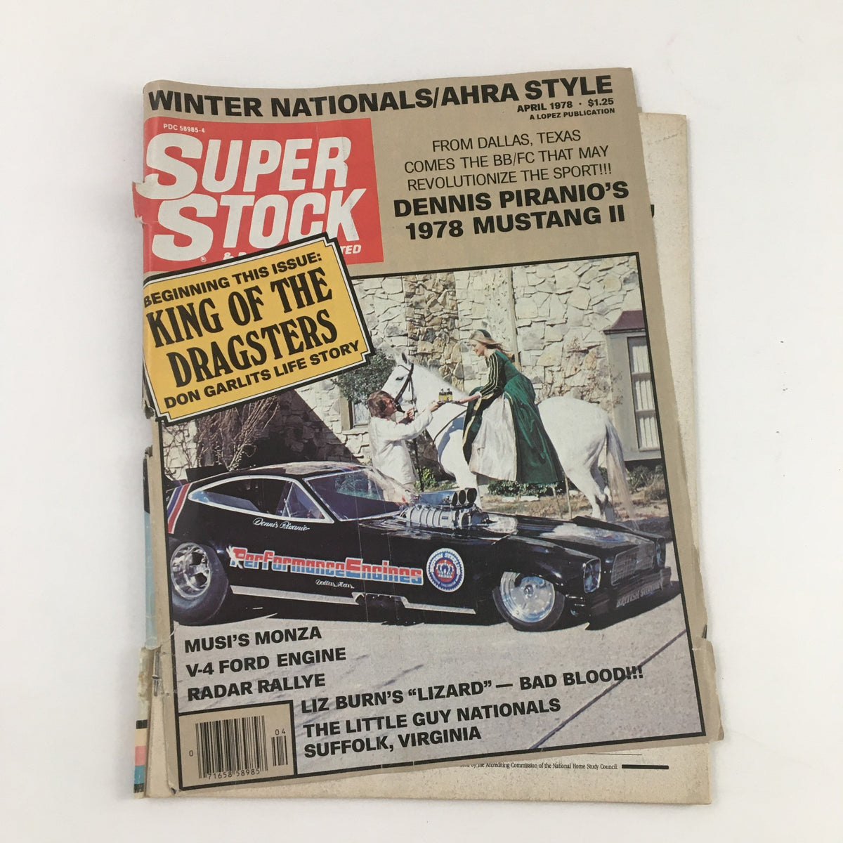 Cover of Super Stock Magazine April 1978 featuring Don Garlits, the King of Dragsters, with a vintage drag racing theme and details about a 1978 Mustang II.