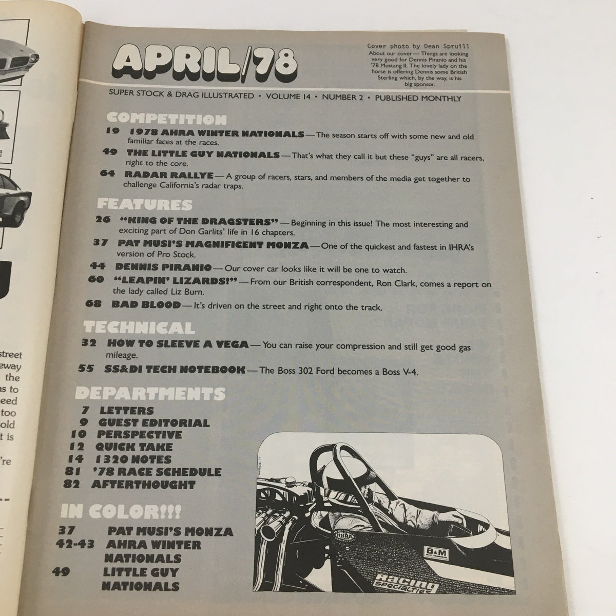 Inside page of Super Stock Magazine April 1978 featuring the table of contents, highlighting the feature on Don Garlits, the King of Dragsters. The layout includes sections on technical insights, race schedules, and articles on top drag racing events.