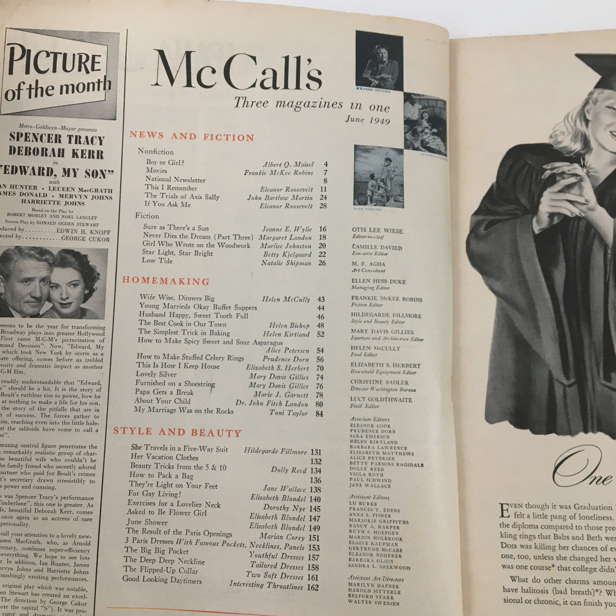 McCall's Magazine from June 1949 featuring the table of contents, showcasing articles on homemaking, style, and beauty, with insights from Eleanor Roosevelt and other prominent authors.