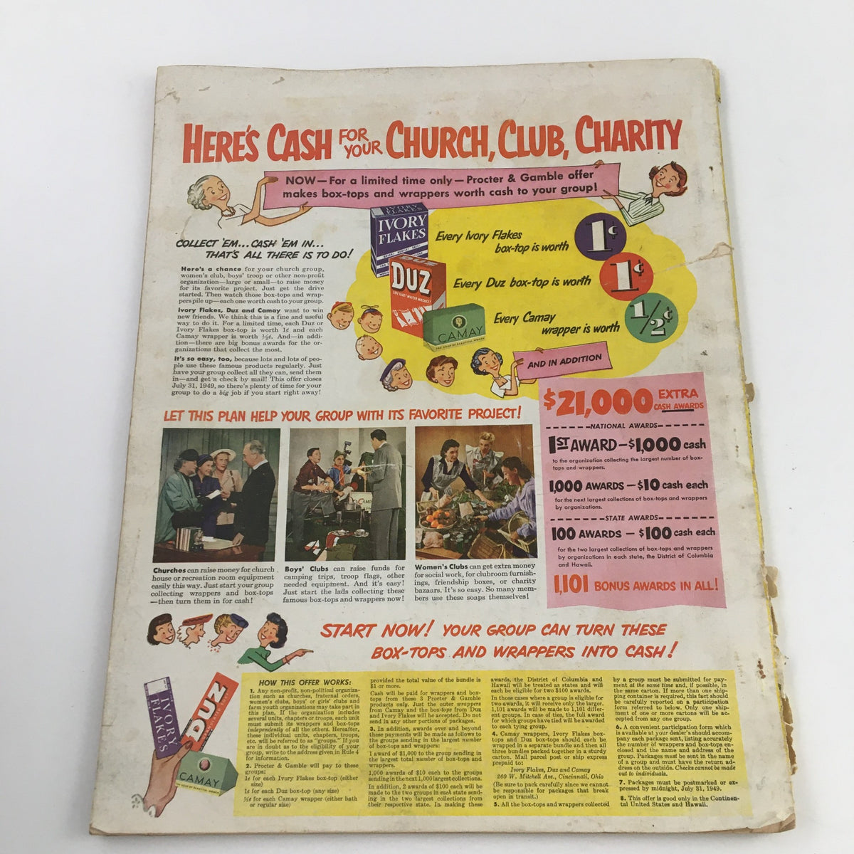 Back cover of McCall's Magazine from June 1949 presenting an advertisement promoting cash rewards for churches, clubs, and charities through Procter & Gamble products.