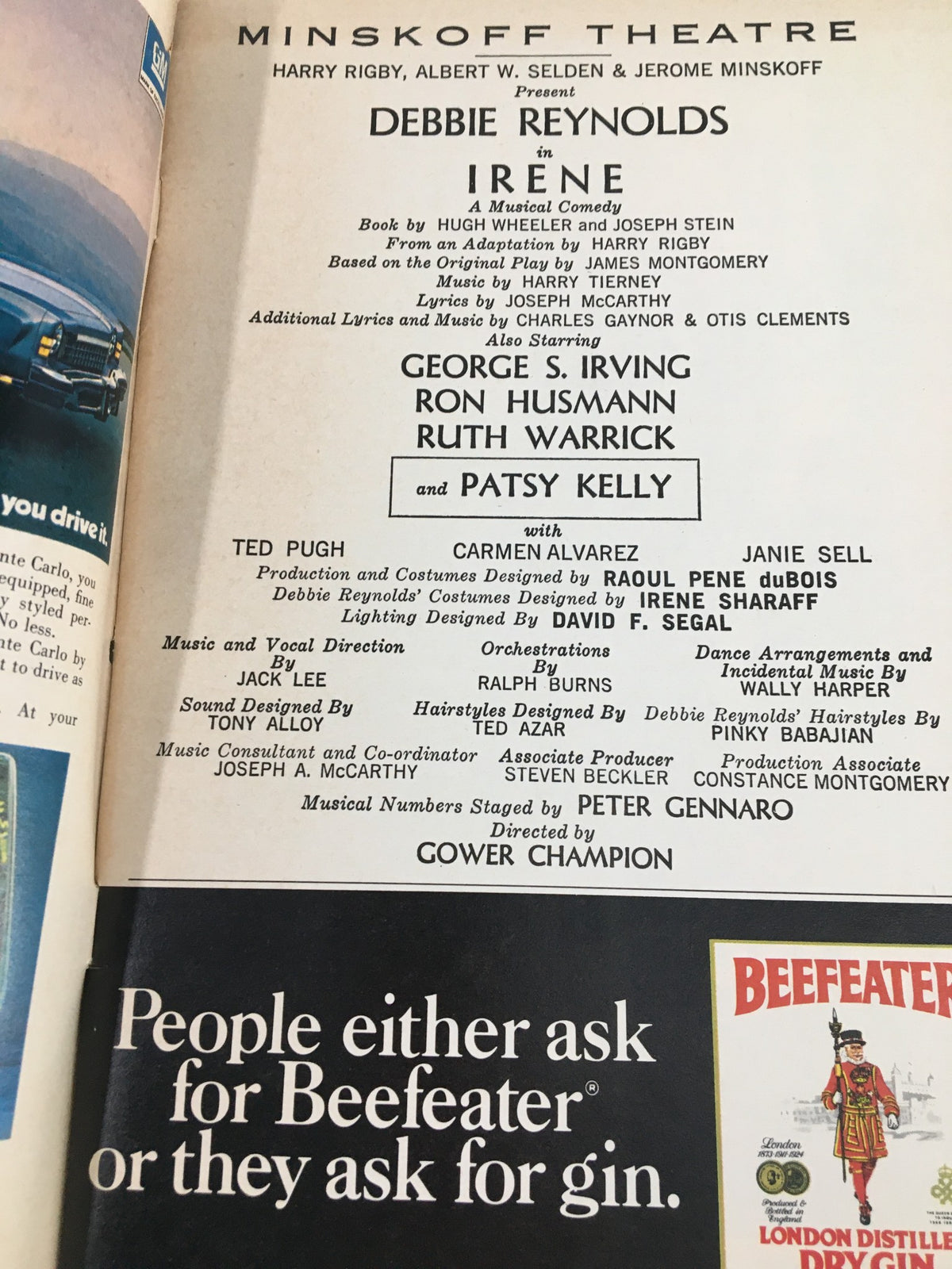 Inside page of the 1973 Playbill for 'Irene: A Musical Comedy' featuring Debbie Reynolds, displaying cast details and creative contributions listed for the Minskoff Theatre production.