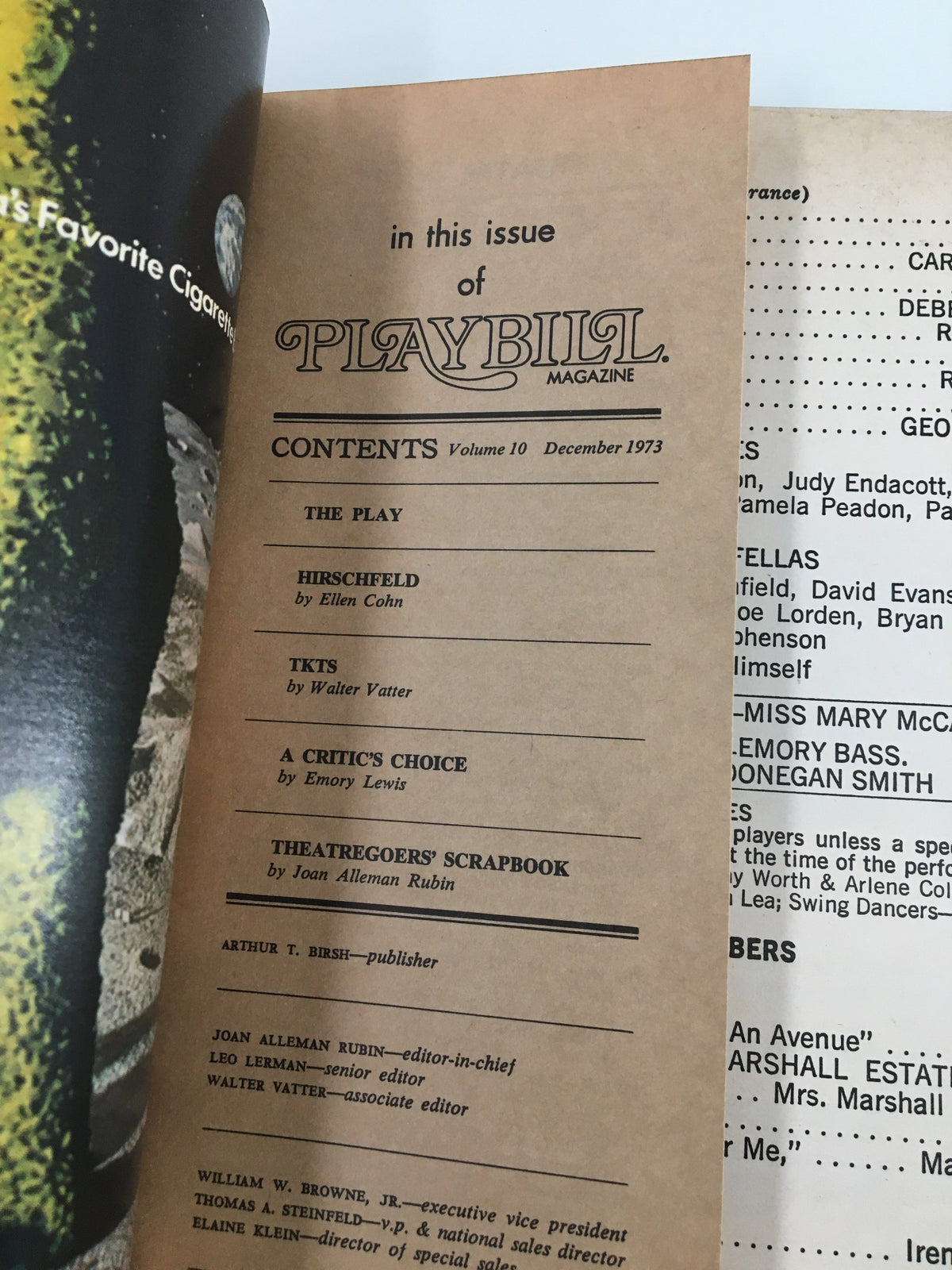Contents page of the 1973 Playbill for 'Irene: A Musical Comedy', featuring a list of articles and features along with vintage branding, part of the Minskoff Theatre memorabilia.