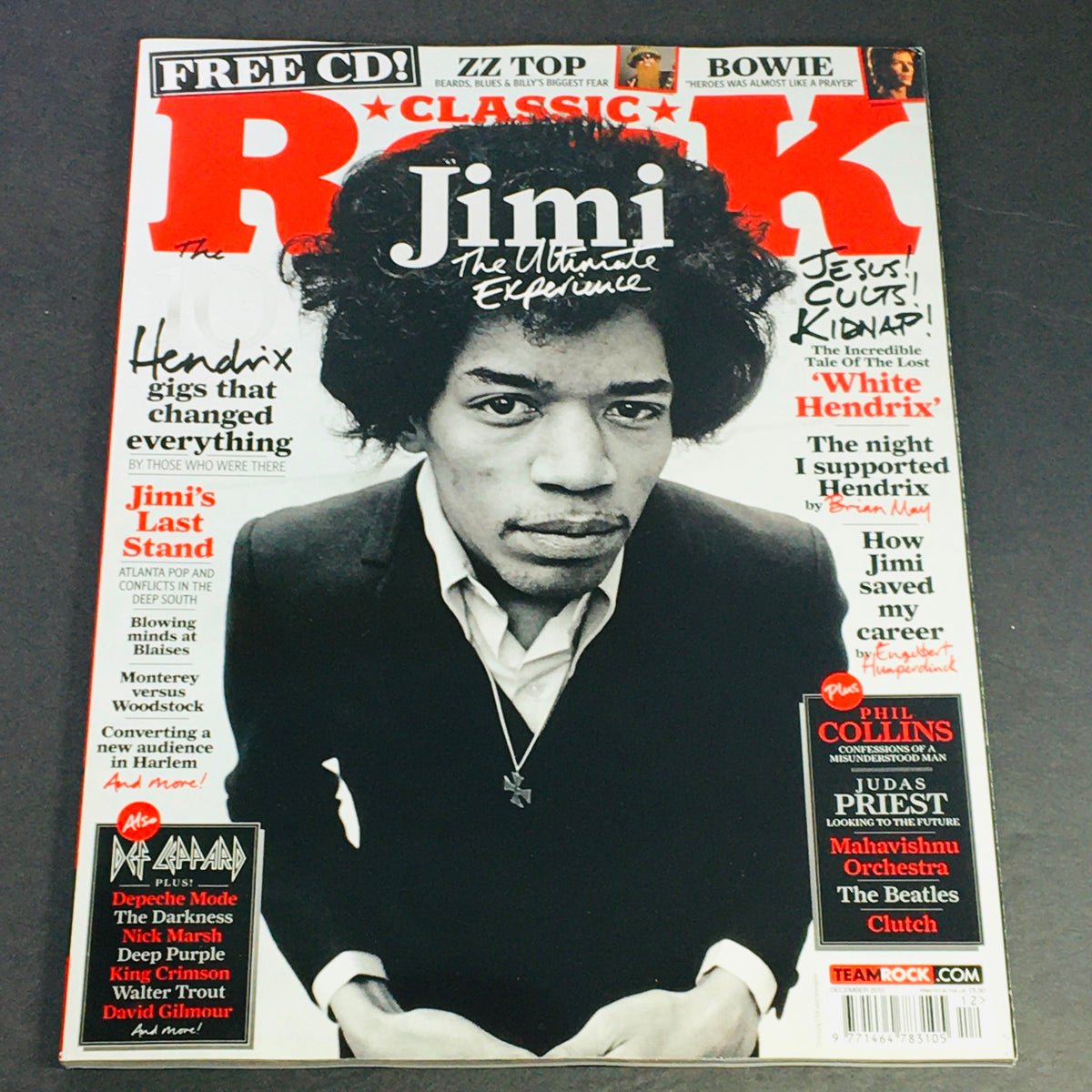 Classic Rock Magazine December 2015 Issue #217 featuring Jimi Hendrix on the cover, showcasing his iconic hairstyle and a striking black and white photograph, highlighting the influence of rock music legends.