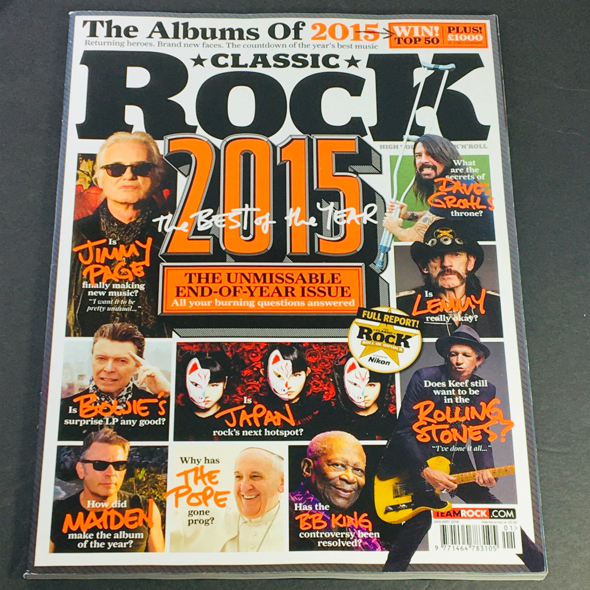Classic Rock Magazine January 2016 #218 featuring Jimmy Page and David Bowie on the cover, showcasing the essence of rock music and cultural history.