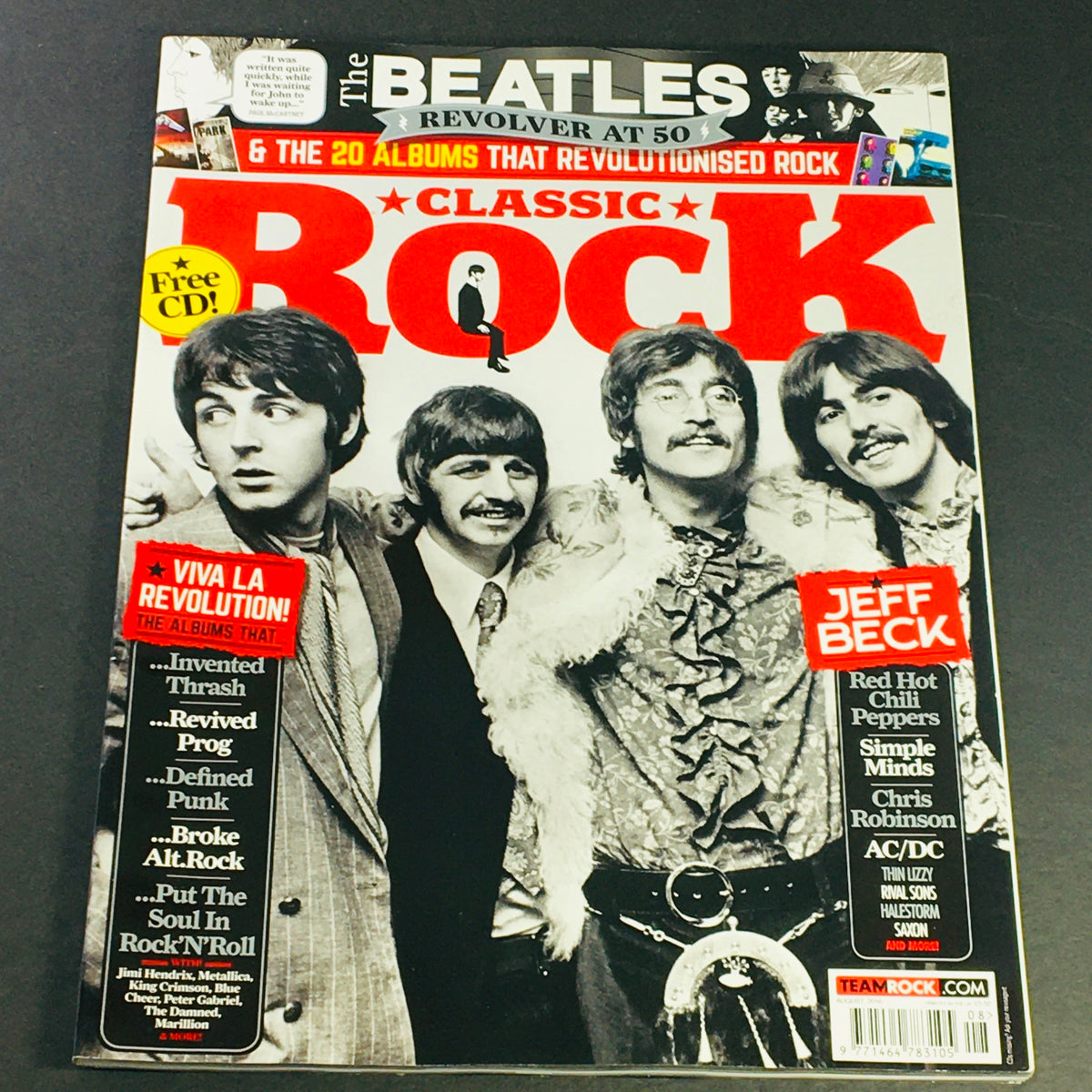 Classic Rock Magazine August 2016 issue featuring Jeff Beck and The Beatles on the cover, showcasing iconic rock legends and celebrating the influence of their music.