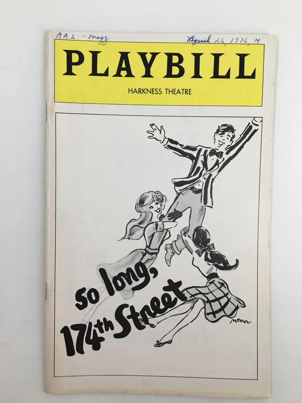 1976 Playbill Harkness Theatre featuring Robert Morse in So Long, 174th Street, showcasing a colorful cover illustration with performers.