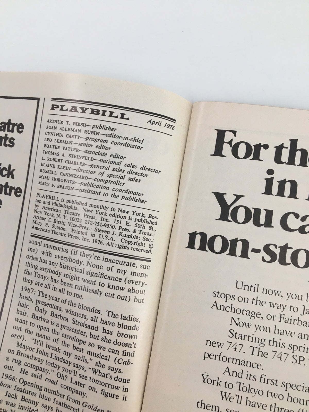 Inside page of the 1976 Playbill Harkness Theatre, containing publication details for So Long, 174th Street, with credits and editorial information.
