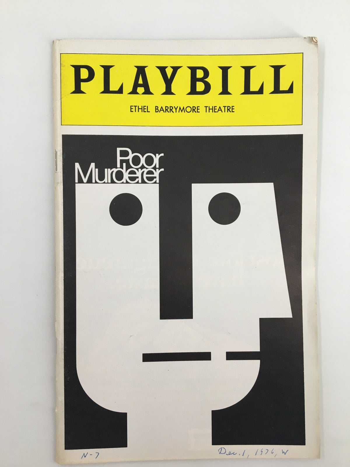 1976 Playbill for the production 'Poor Murderer' at Ethel Barrymore Theatre, featuring minimalist design with bold typography and a striking face illustration, showcasing Laurence Luckinbill's performance.