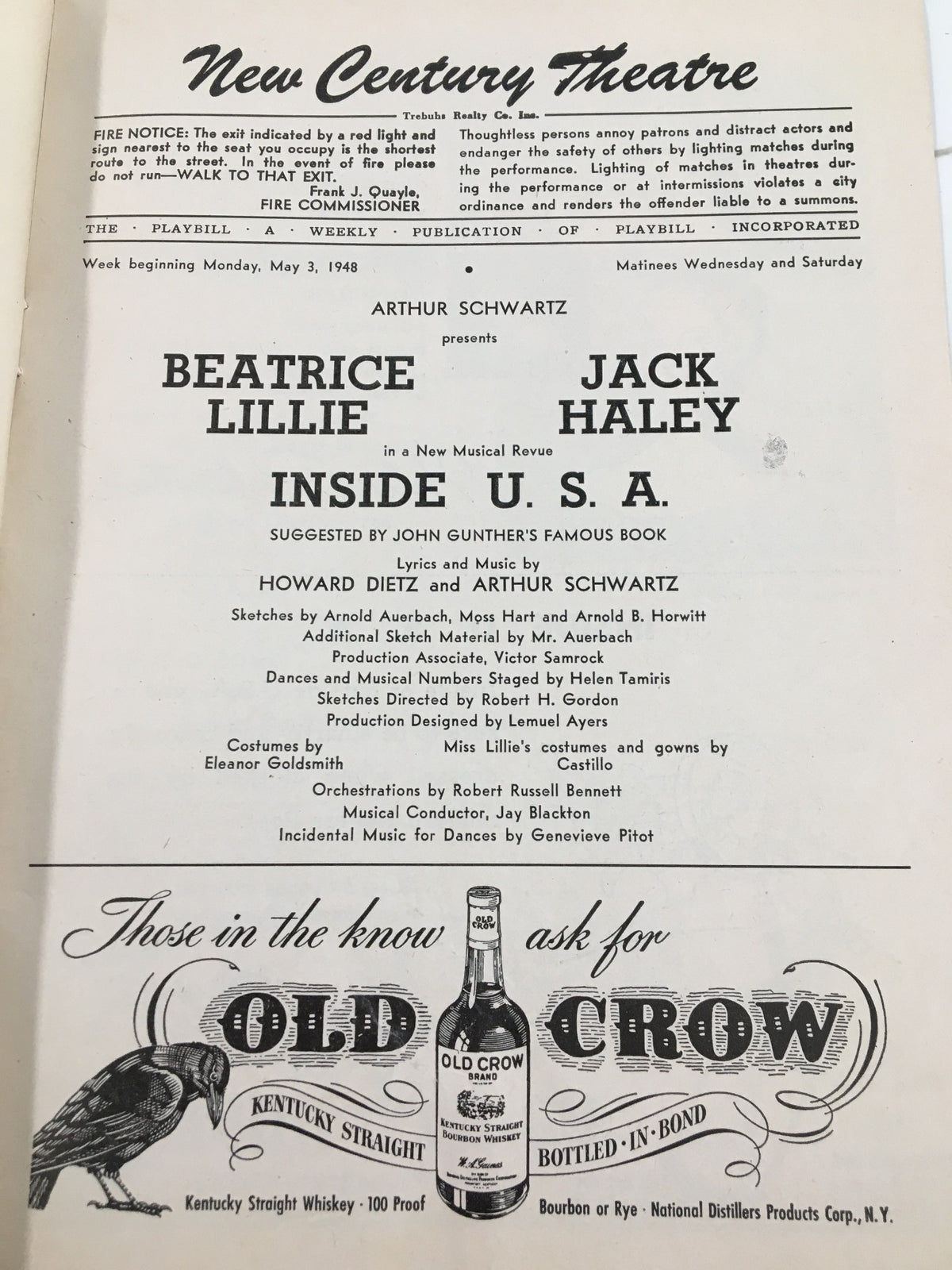 1948 Playbill from New Century Theatre featuring Beatrice Lillie and Jack Haley in the musical revue 'Inside U.S.A.' This vintage playbill highlights the performers and production details, capturing the charm of 1940s theatre.