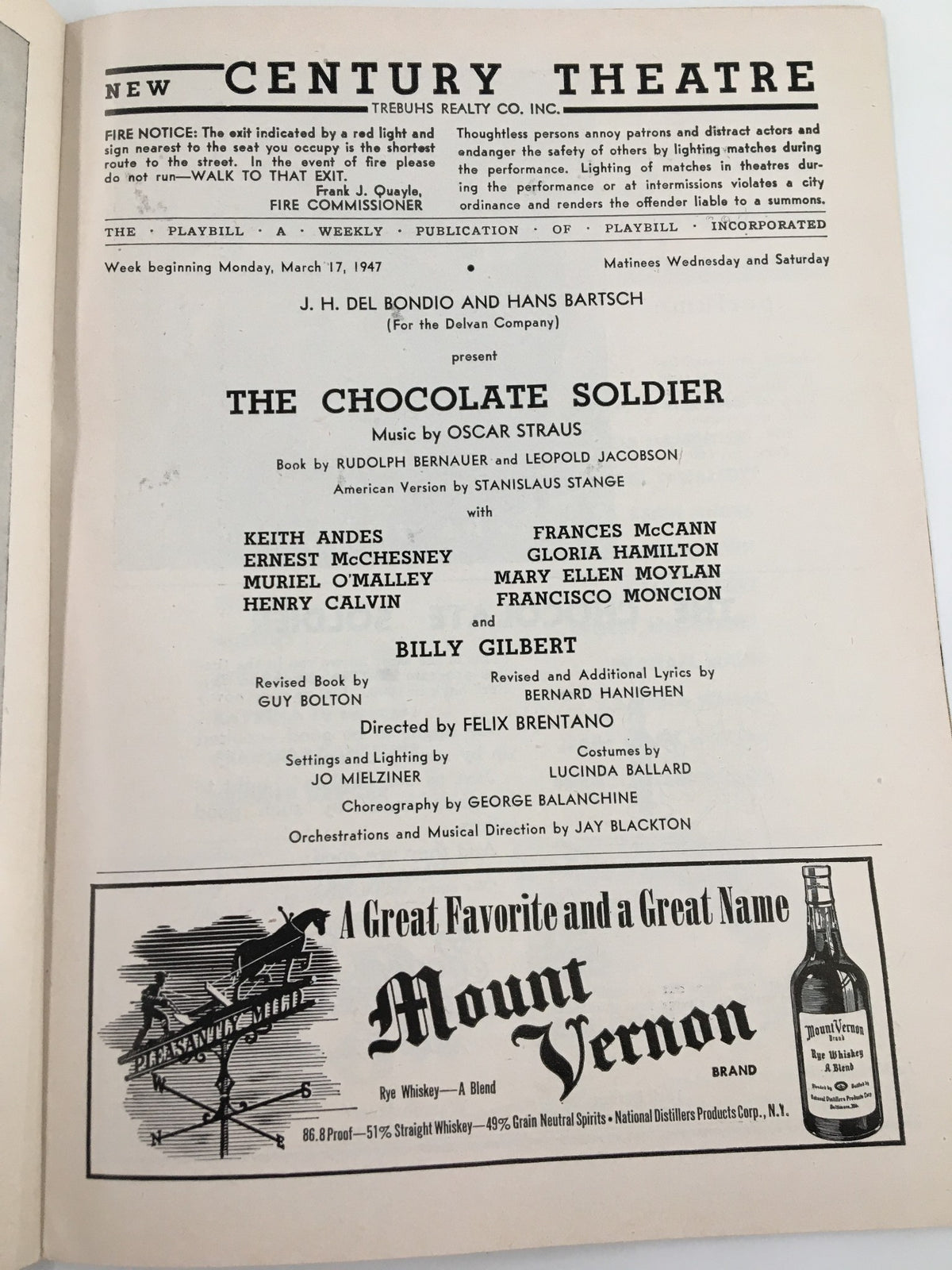 Inside page of the 1947 Playbill for The Chocolate Soldier at the New Century Theatre, detailing the cast and production team, illustrating a moment in Broadway history.