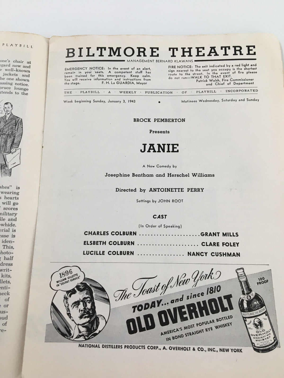 1943 Playbill for 'Janie' at the Biltmore Theatre featuring cast details and advertisement, showcasing classic American theatre history.
