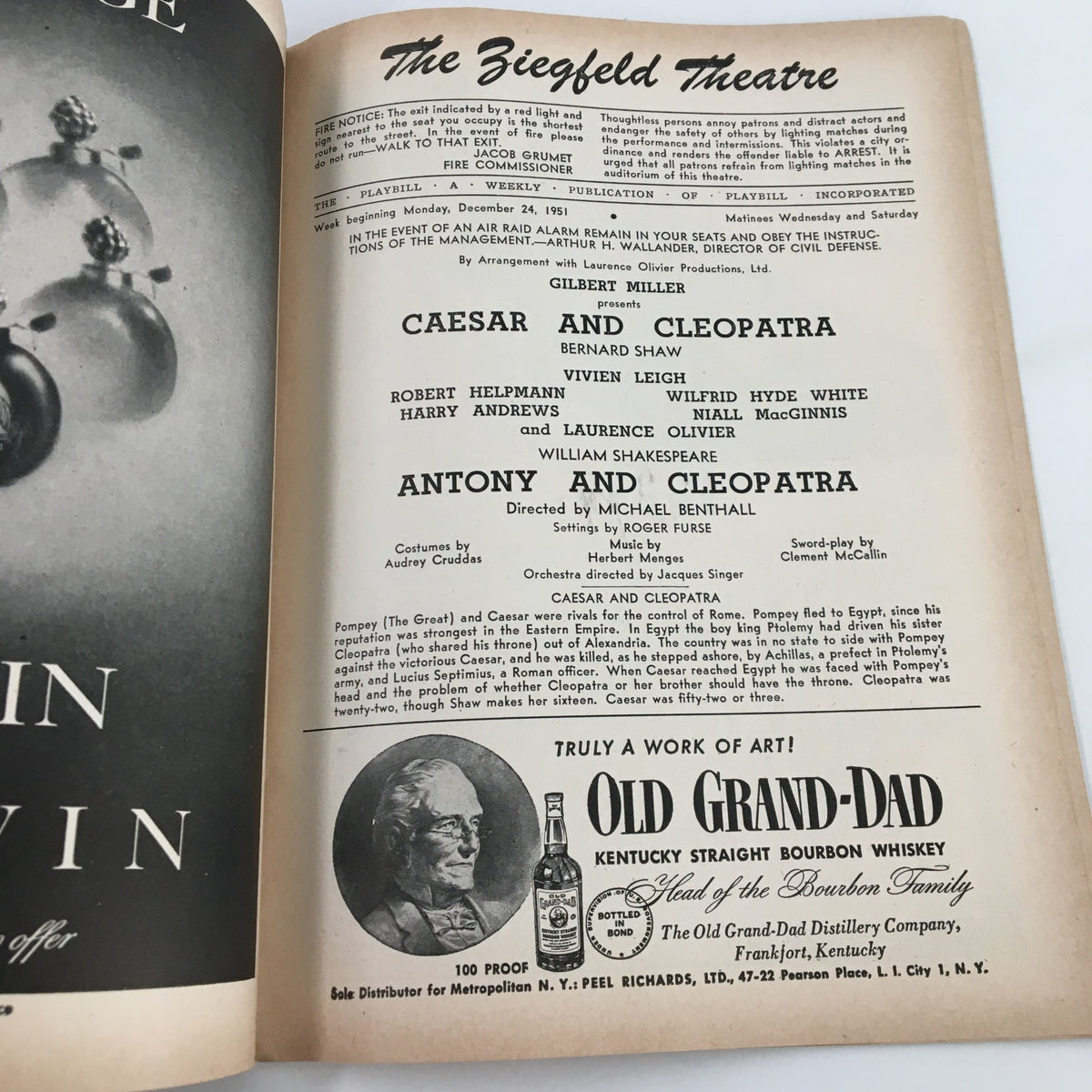 Interior page of the 1951 Playbill from The Ziegfeld Theatre detailing cast and crew for Caesar and Cleopatra and Antony and Cleopatra, highlighting its rich theatrical history.
