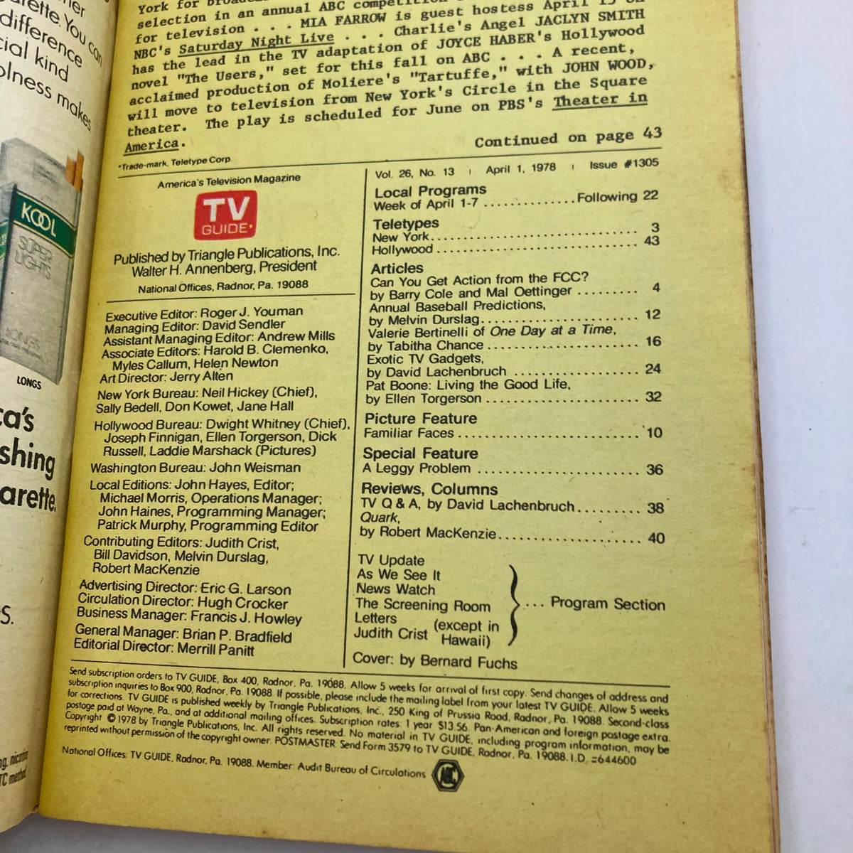 Inside page of TV Guide Magazine April 1 1978 listing articles and local programs, providing insights into television content from that era.