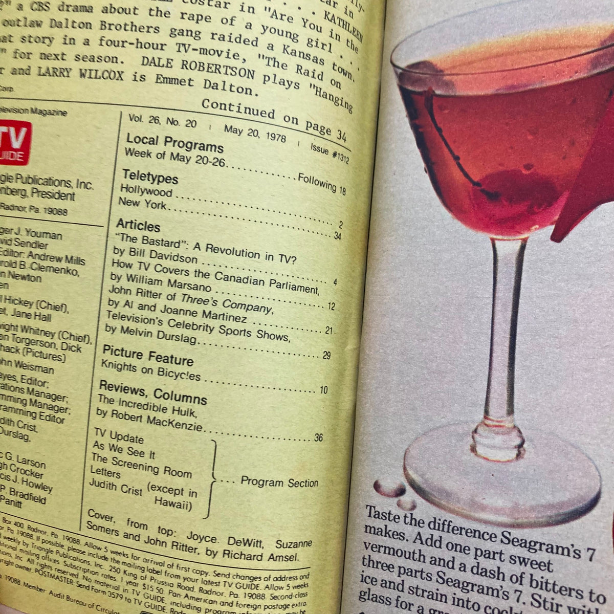Inside page of TV Guide Magazine May 20 1978 showcasing articles and program listings with a cocktail image.