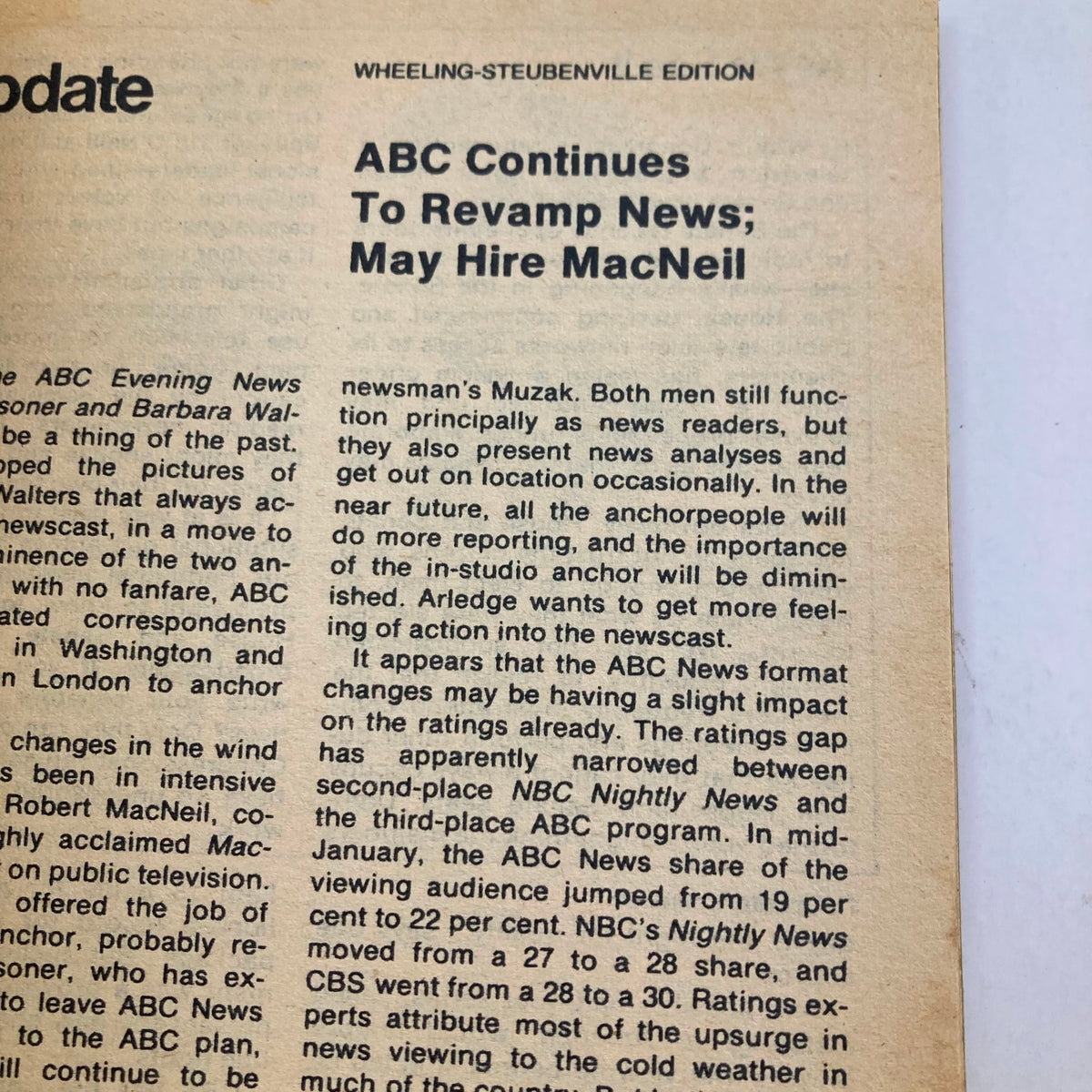 Update section from TV Guide Magazine March 4 1978, Wheeling-Steubenville Edition, discussing ABC's efforts to revamp its news program formats, highlighting news anchor dynamics.