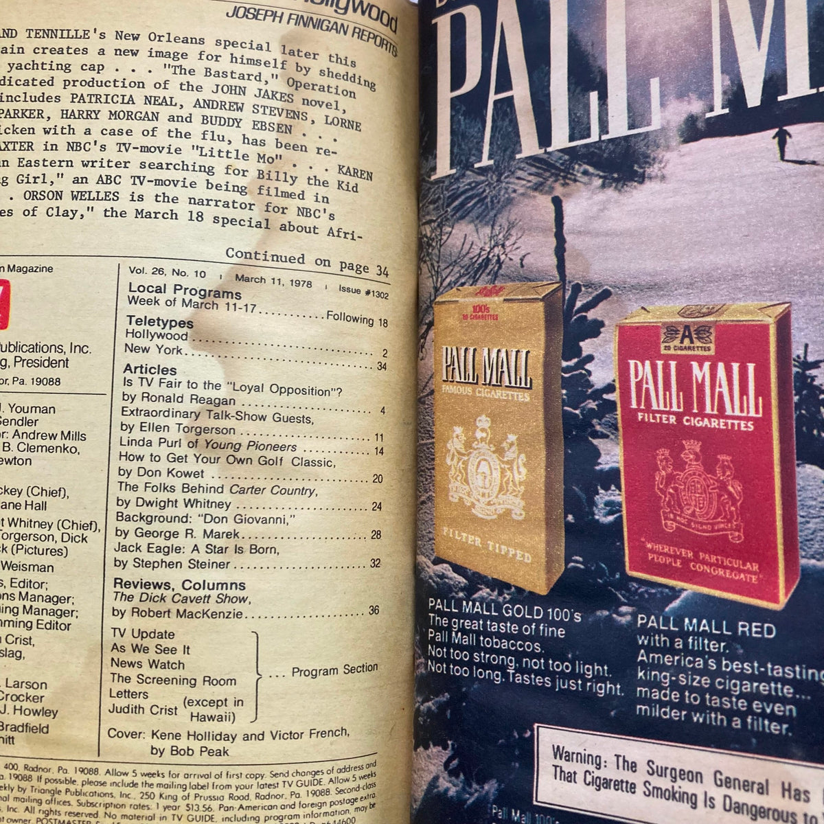 Interior page of TV Guide Magazine March 11, 1978, showing program listings and articles including features on Kene Holliday and Victor French, along with advertisements for Pall Mall cigarettes.