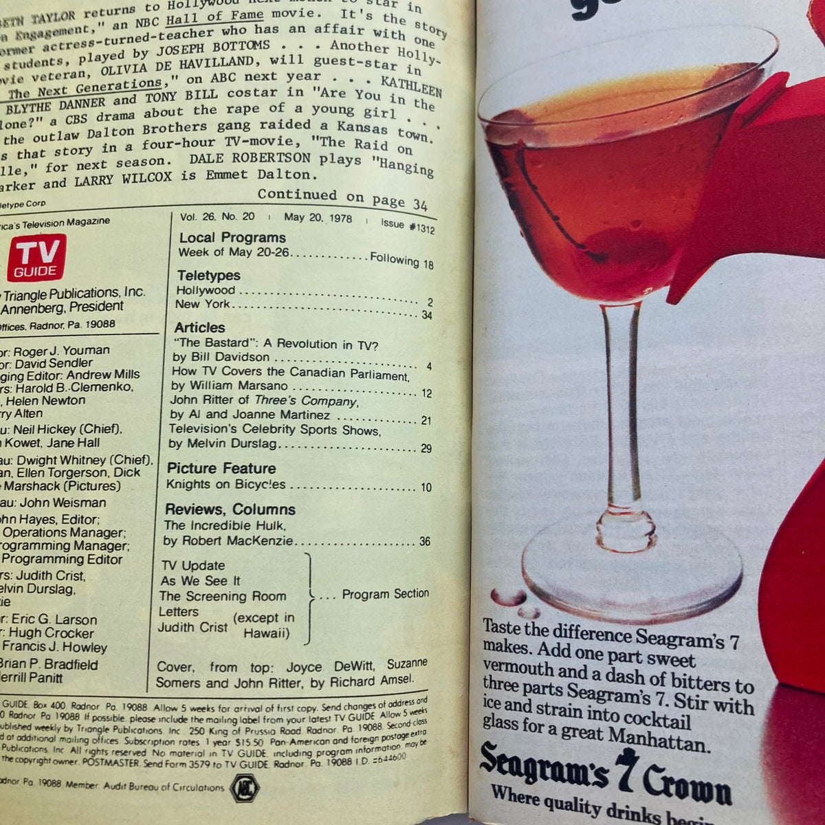 Inside page of TV Guide Magazine May 20 1978 #1312 featuring an article list, local program schedule, and a drink advertisement with a cocktail in a glass. Highlights Joyce DeWitt, Suzanne Somers, and John Ritter.