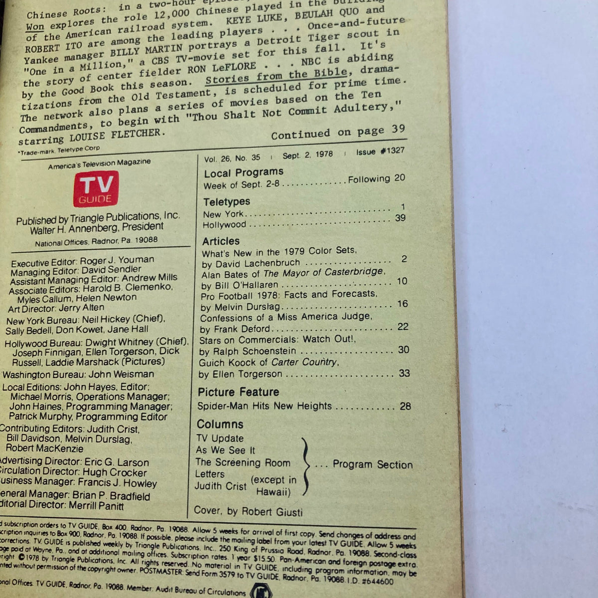 Back cover of TV Guide Magazine September 2 1978 #1327, containing details of articles and features including Pro Football 78: Facts and Forecasts, reflecting the television programming landscape of the late 1970s.