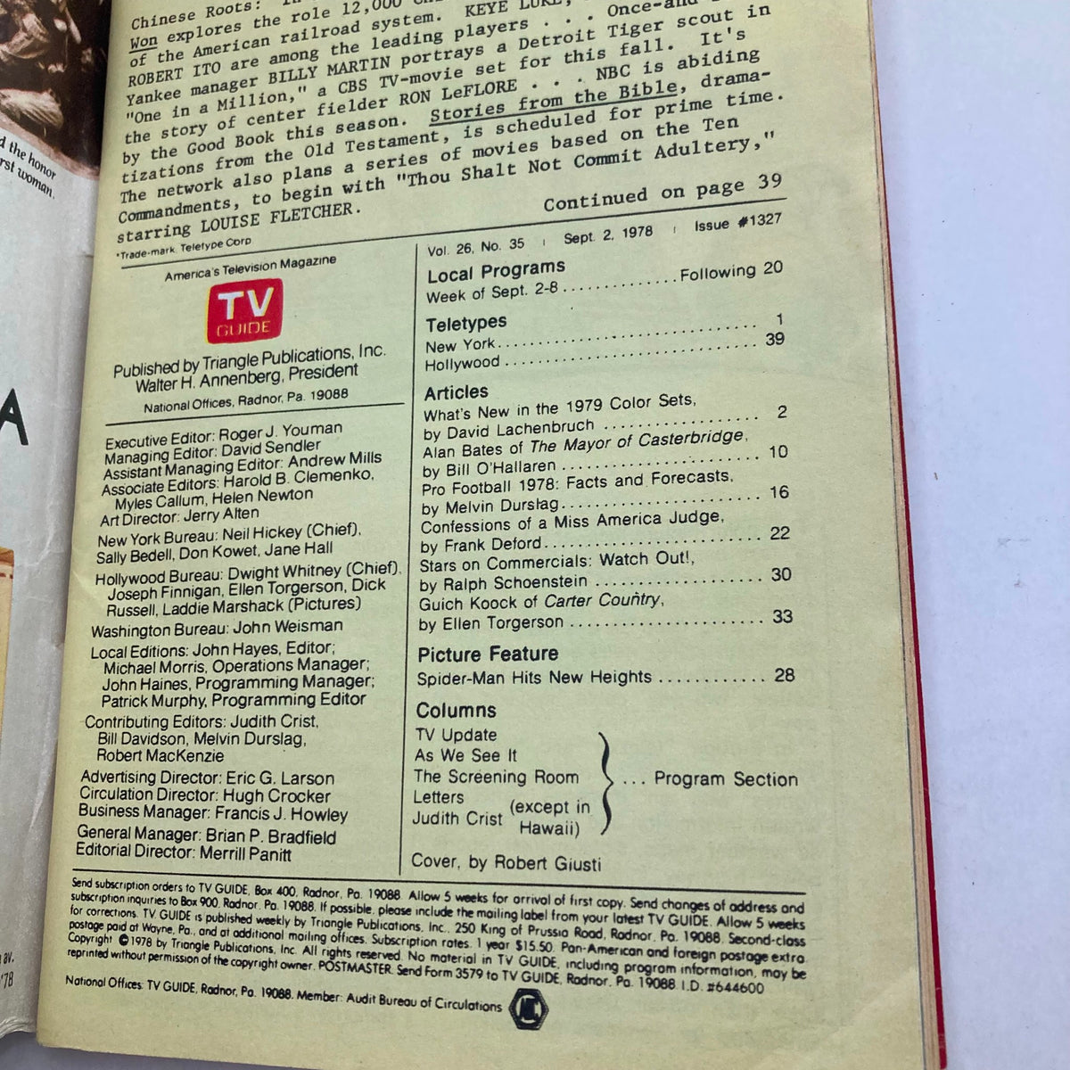 Interior page of TV Guide Magazine September 2 1978 #1327, featuring local programs and a list of articles, showcasing its historical significance in television history.
