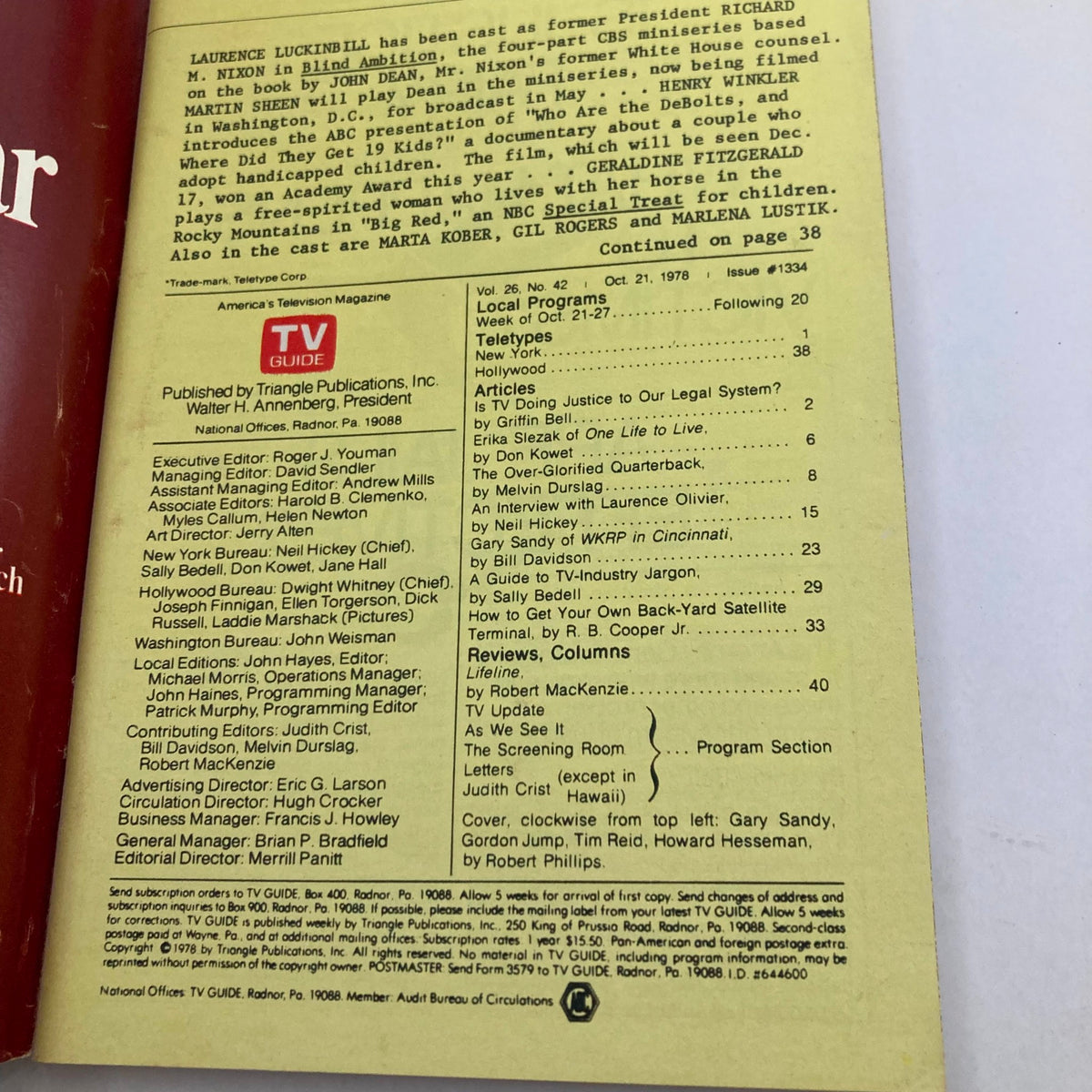 Inside page of TV Guide Magazine October 21 1978, showing articles and content list. This issue, number 1334, includes discussions on television's portrayal of the legal system.