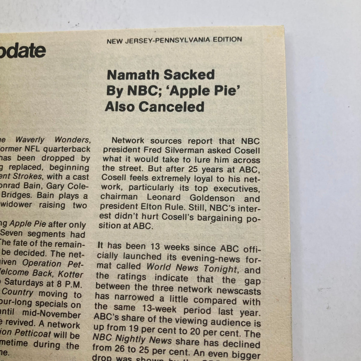 TV Guide Magazine October 21 1978 #1334 featuring a newspaper article on NJ-PA edition covering topics such as Namath's departure from NBC and cancellation of 'Apple Pie', showcasing its historical significance and vintage condition.