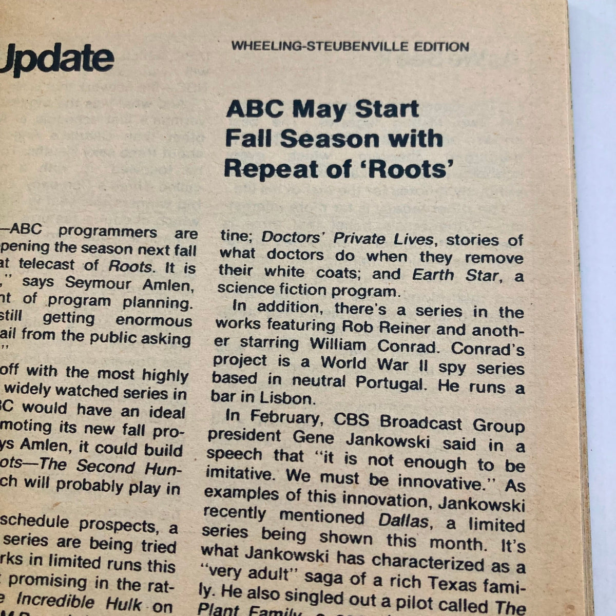 Another inside page of TV Guide Magazine April 15 1978, featuring updates on programming, including a mention of a repeat of 'Roots' for ABC's fall season.