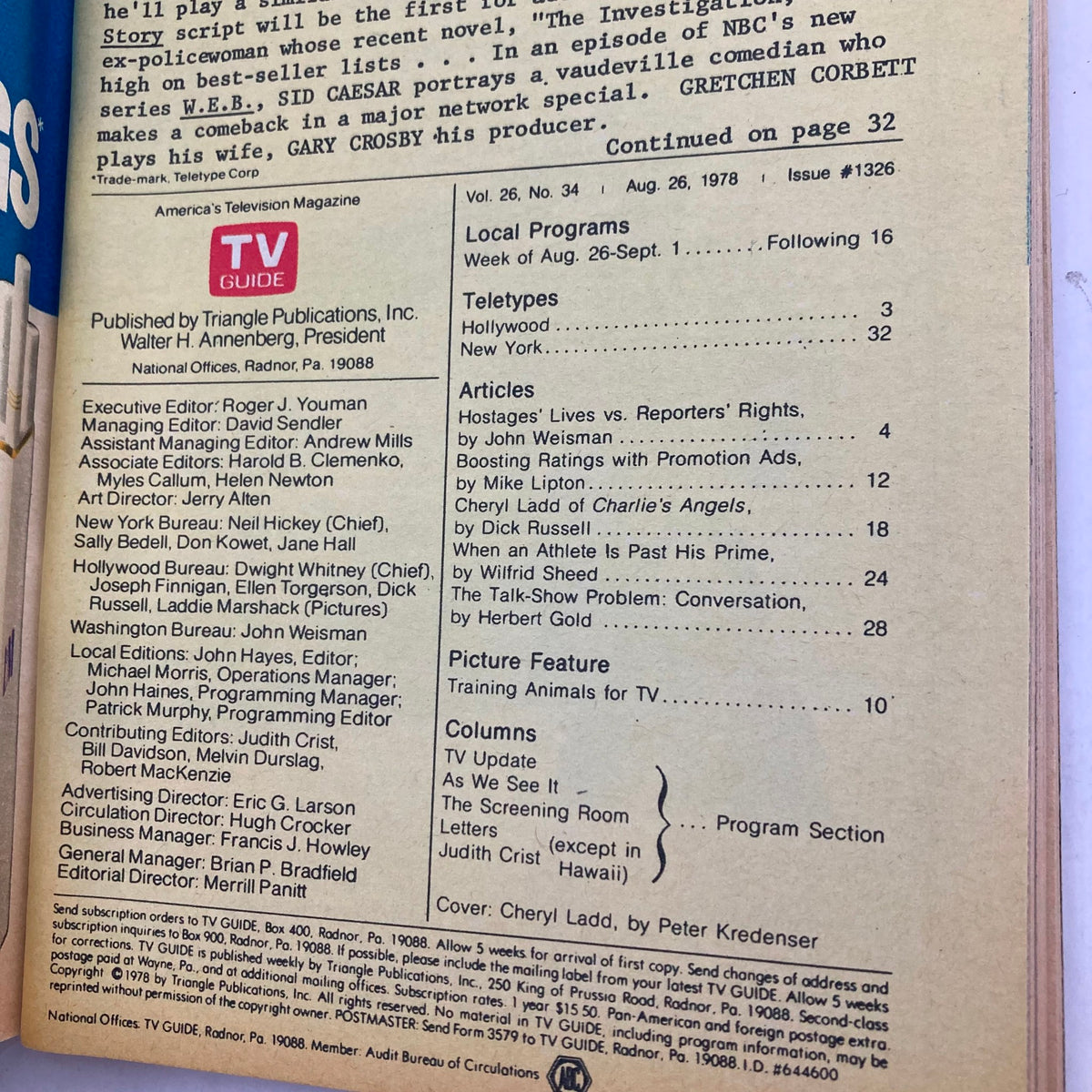 Inside page of the TV Guide Magazine August 26, 1978, issue #1326, listing articles and local programs.
