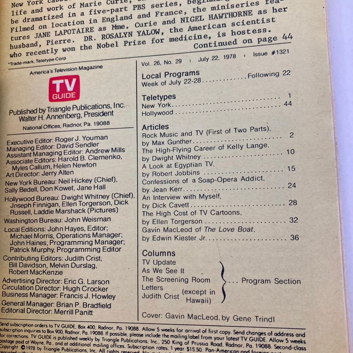 Interior page of TV Guide Magazine dated July 22 1978, displaying the table of contents and editorial details. The layout provides insights into the magazine's articles and contributors.