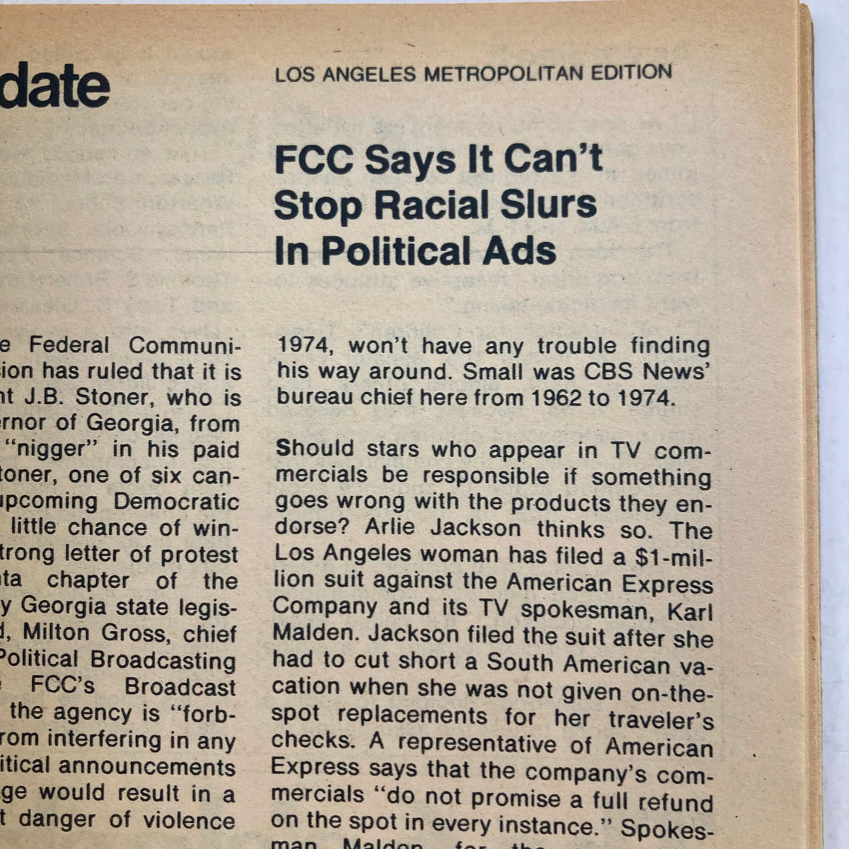 Another page from TV Guide Magazine August 12 1978, highlighting a news update about the FCC and mentions of political ads, part of the Los Angeles Metropolitan Edition.