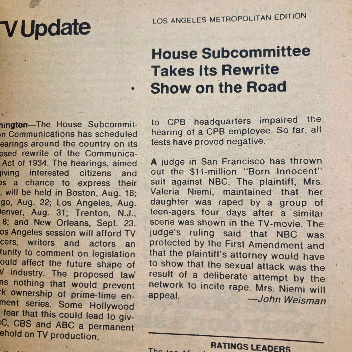 TV Update section from TV Guide Magazine August 19 1978 #1325, discussing critical developments in the television industry, capturing an important moment in TV history.