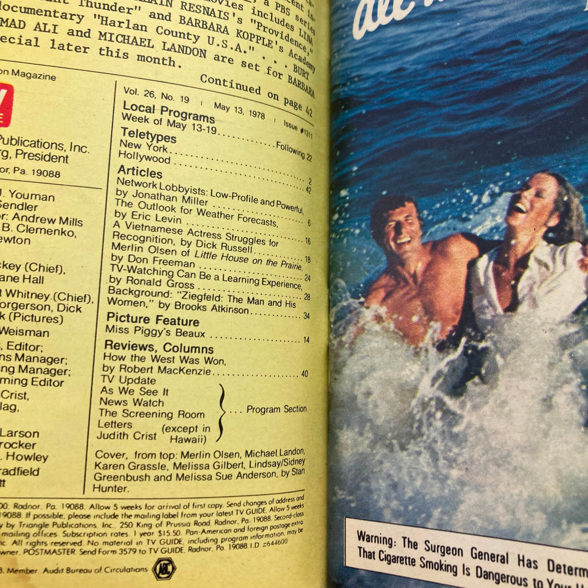 Inside page of TV Guide Magazine May 13 1978 #1311 highlighting local programs, articles including Network Lobbyists, and featuring a cover image of Merlin Olsen and Michael Landon enjoying a beach moment.