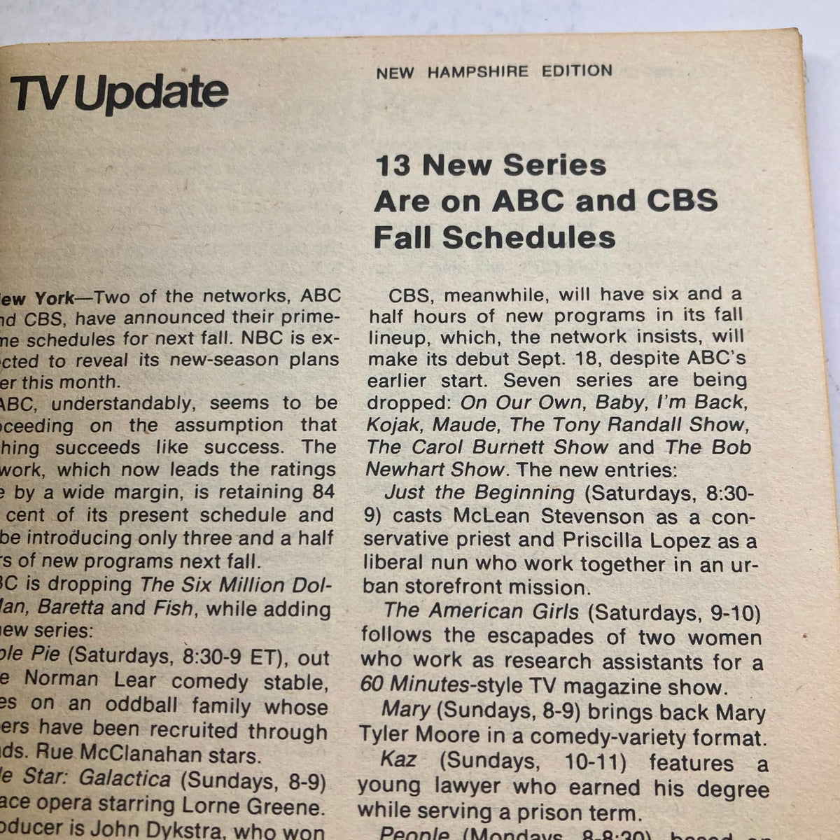 TV Guide Magazine May 13 1978 #1311 features an article about new ABC and CBS fall series. Includes a section titled 'TV Update' providing insights into programming changes.