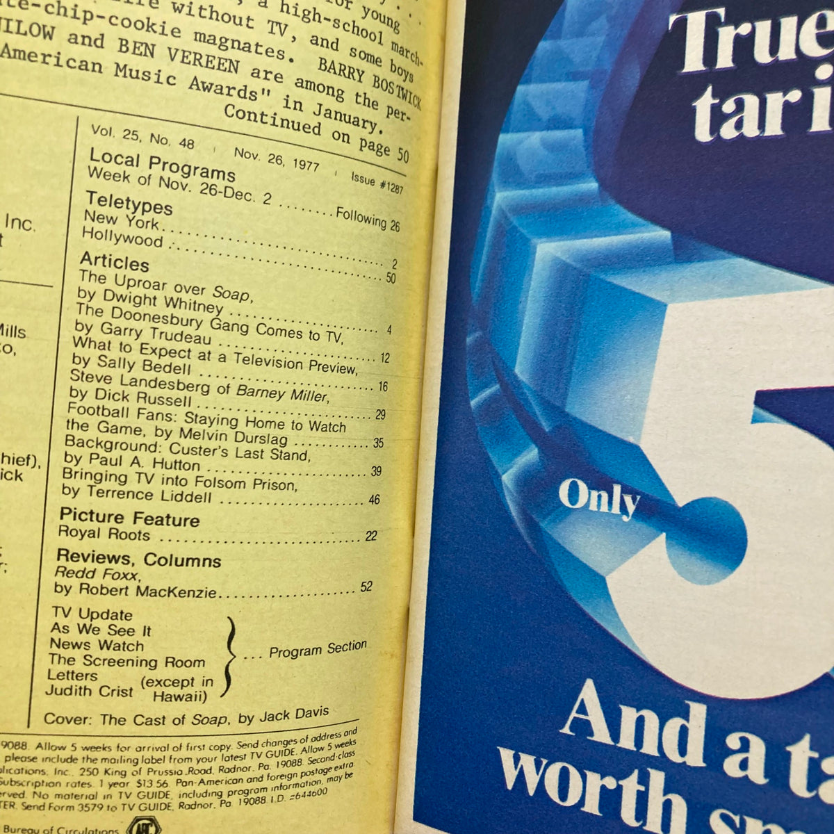 Interior page of TV Guide Magazine November 26 1977 showcasing the schedule and listings, highlighting the 'Uproar over Soap' article among other features.